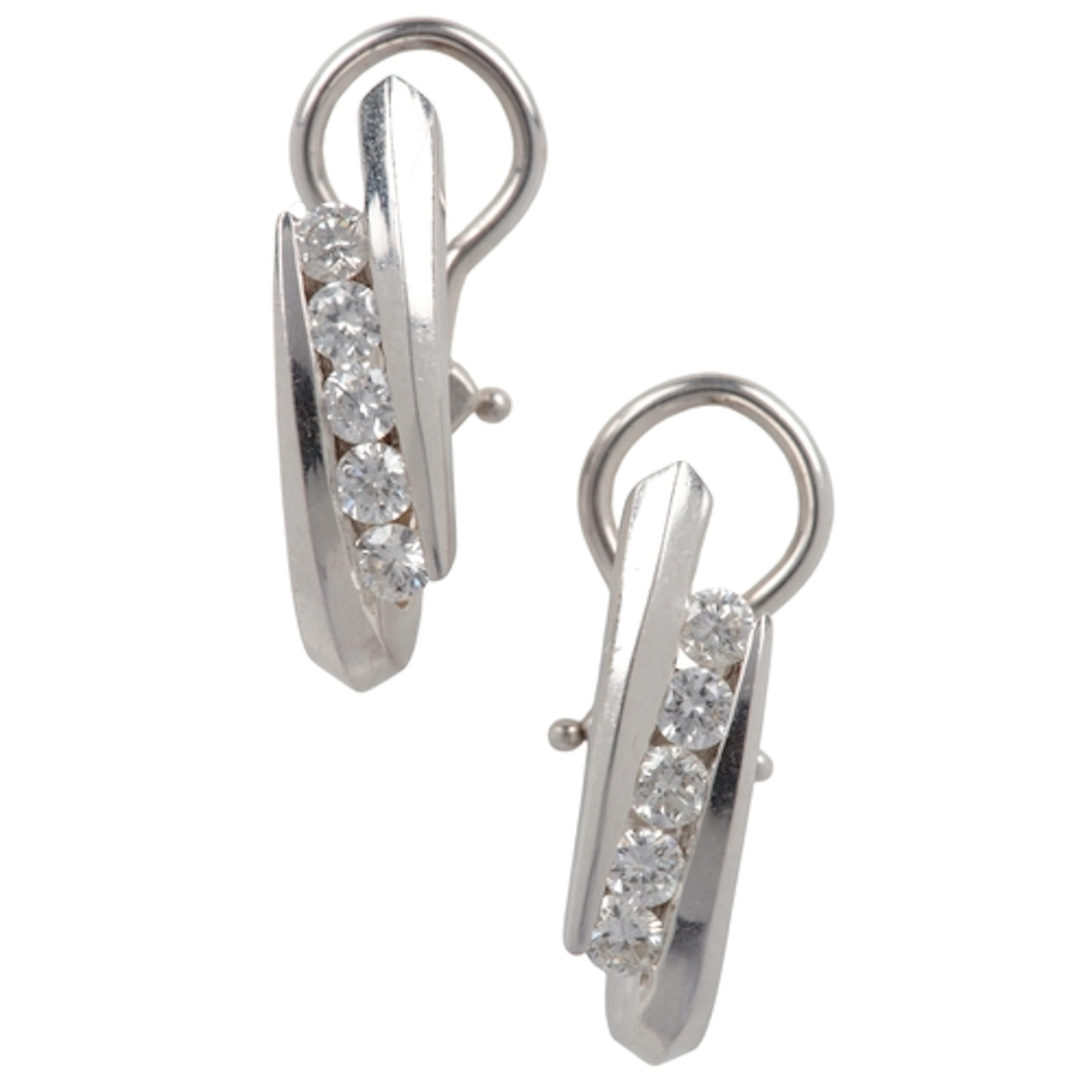 A pair of diamond earrings, channel-set with lines of brilli...