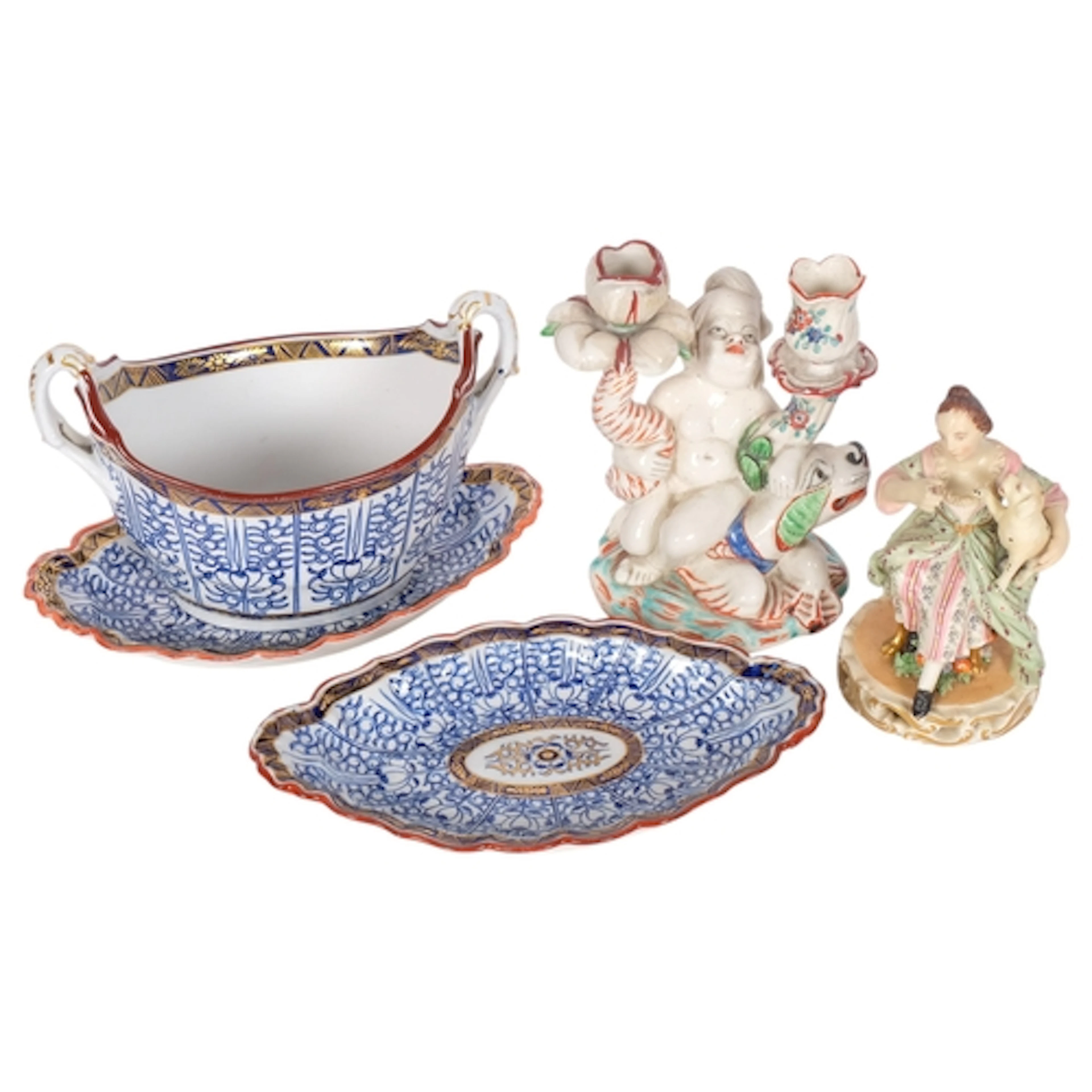 Antique Chantilly style candle stand, H14cm, and an early po...