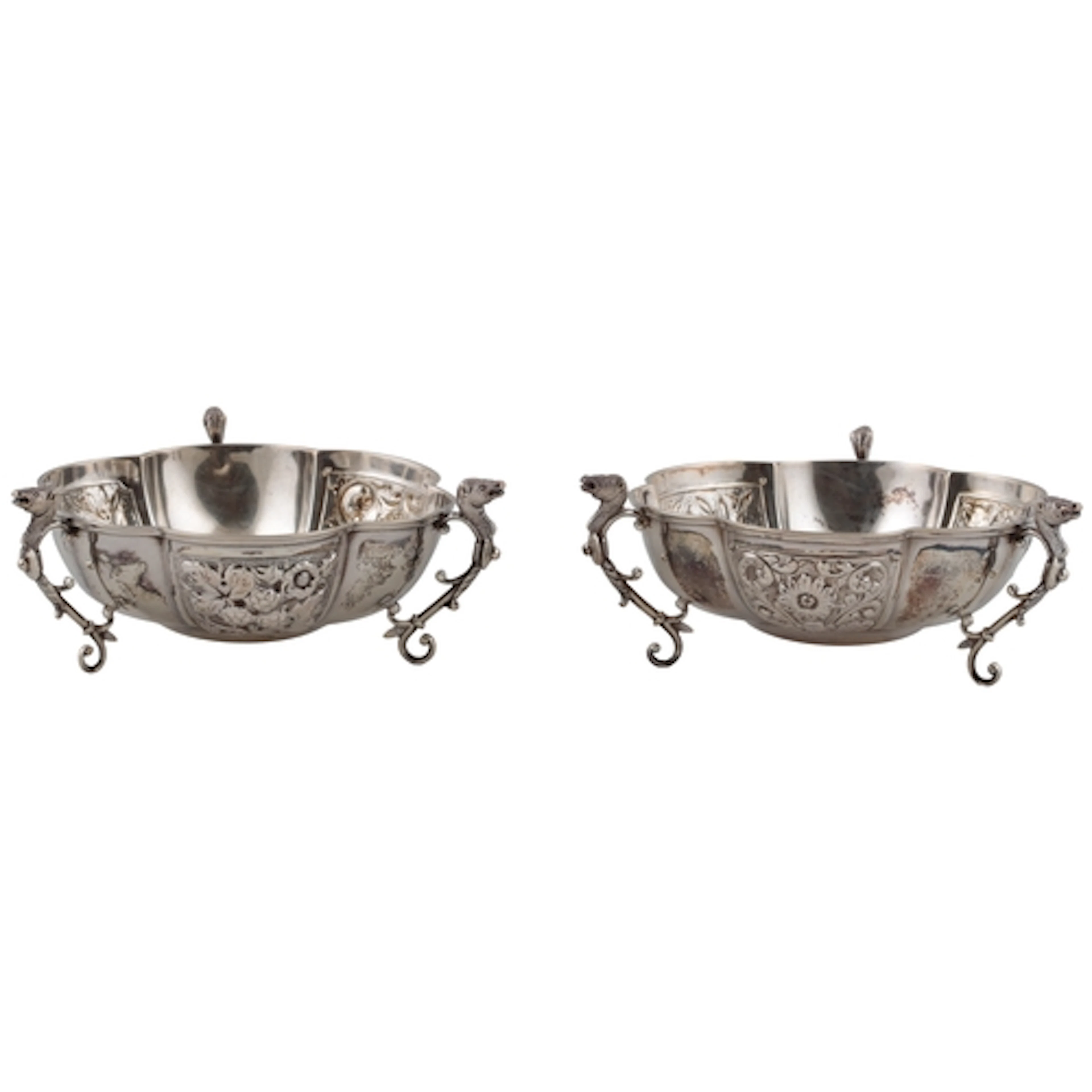 A cased pair of late Victorian silver tri-handled sweetmeat ...