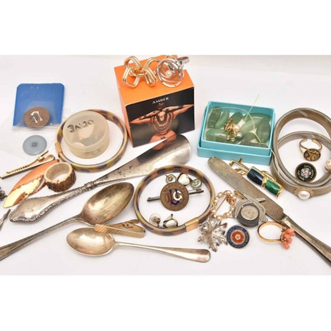 A BOX OF ASSORTED ITEMS, to include two hallmarked silver sp...