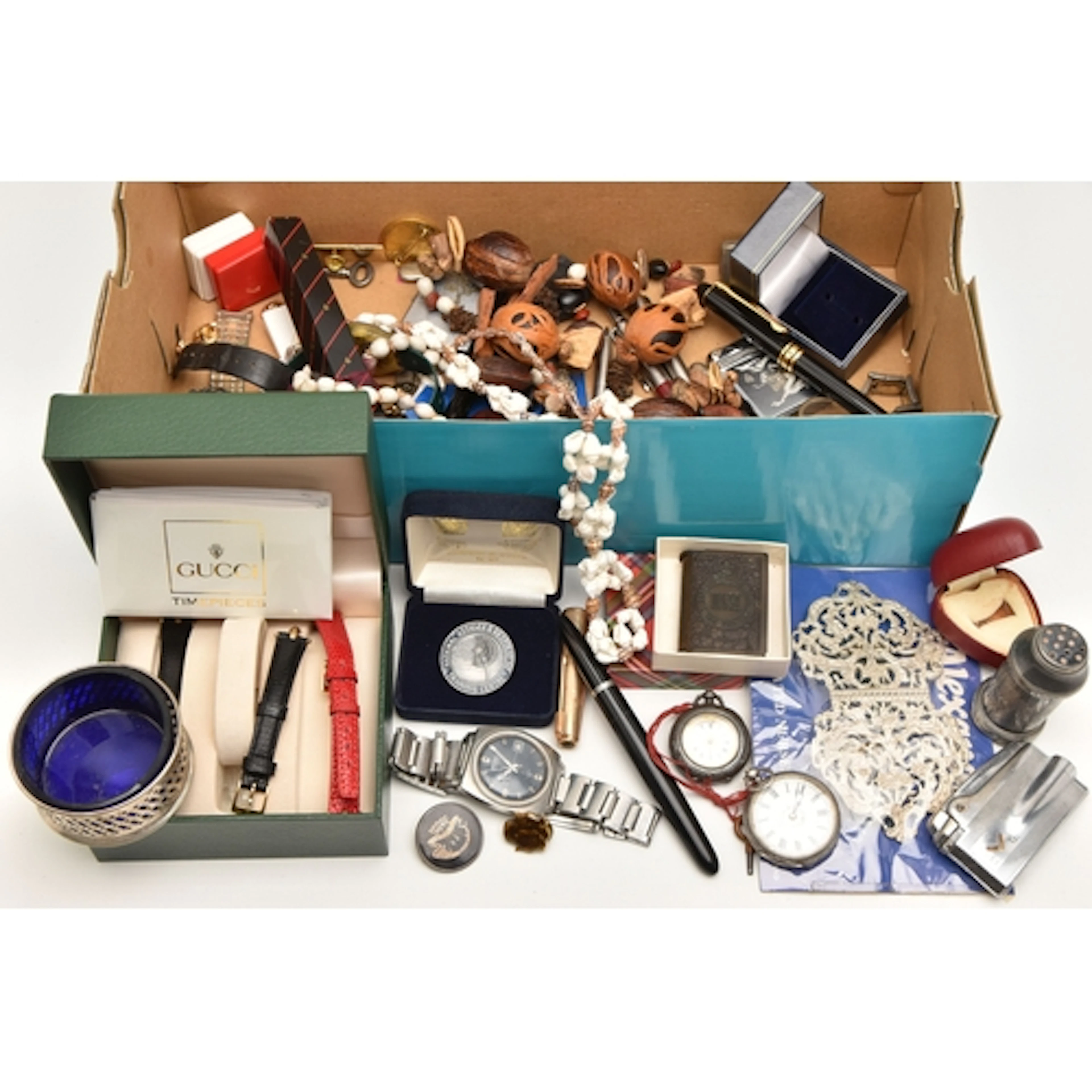 A SHOE BOX OF ASSORTED ITEMS, to include two white metal, op...
