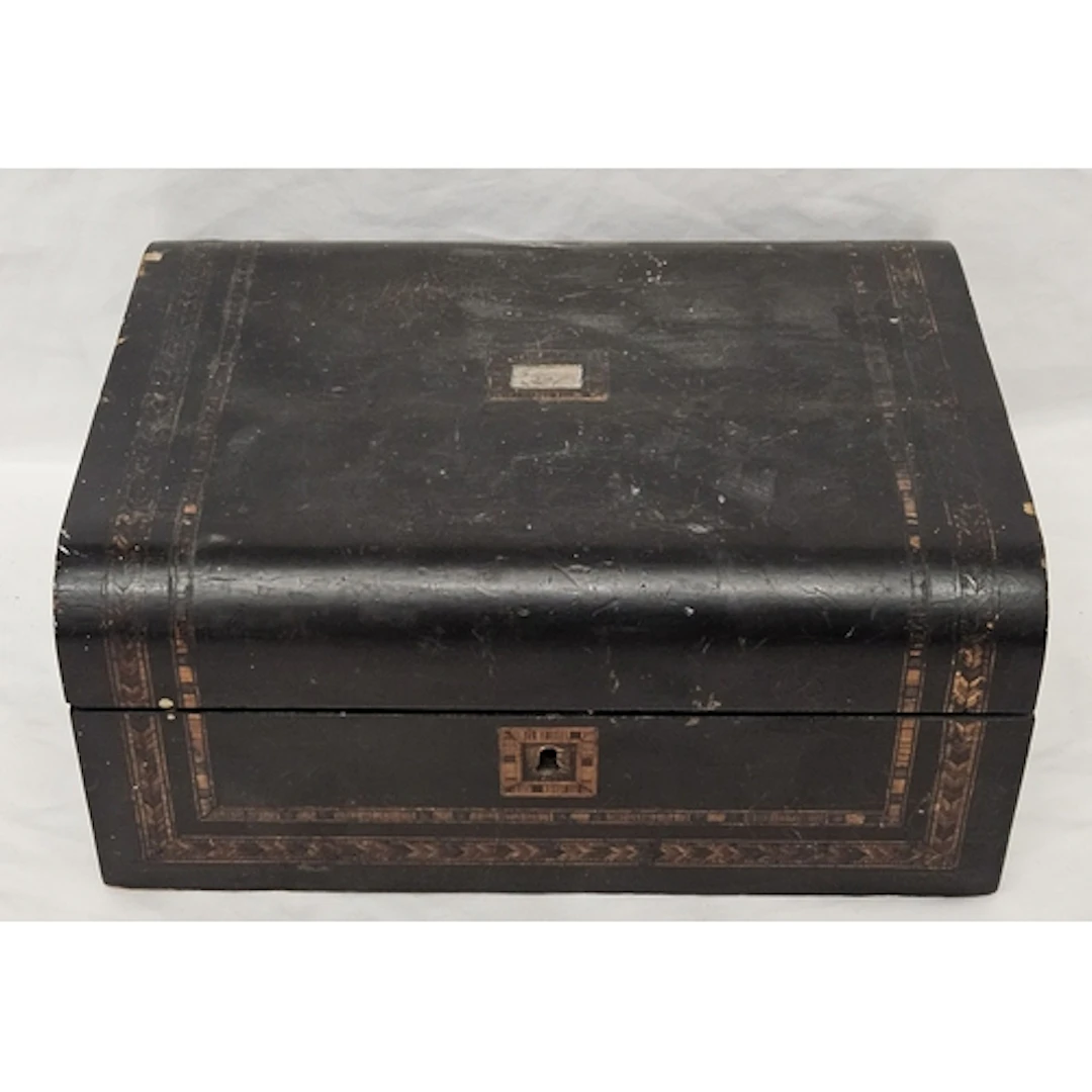 Antique Ebonised Domed Topped Workbox with decorative Tonbri...