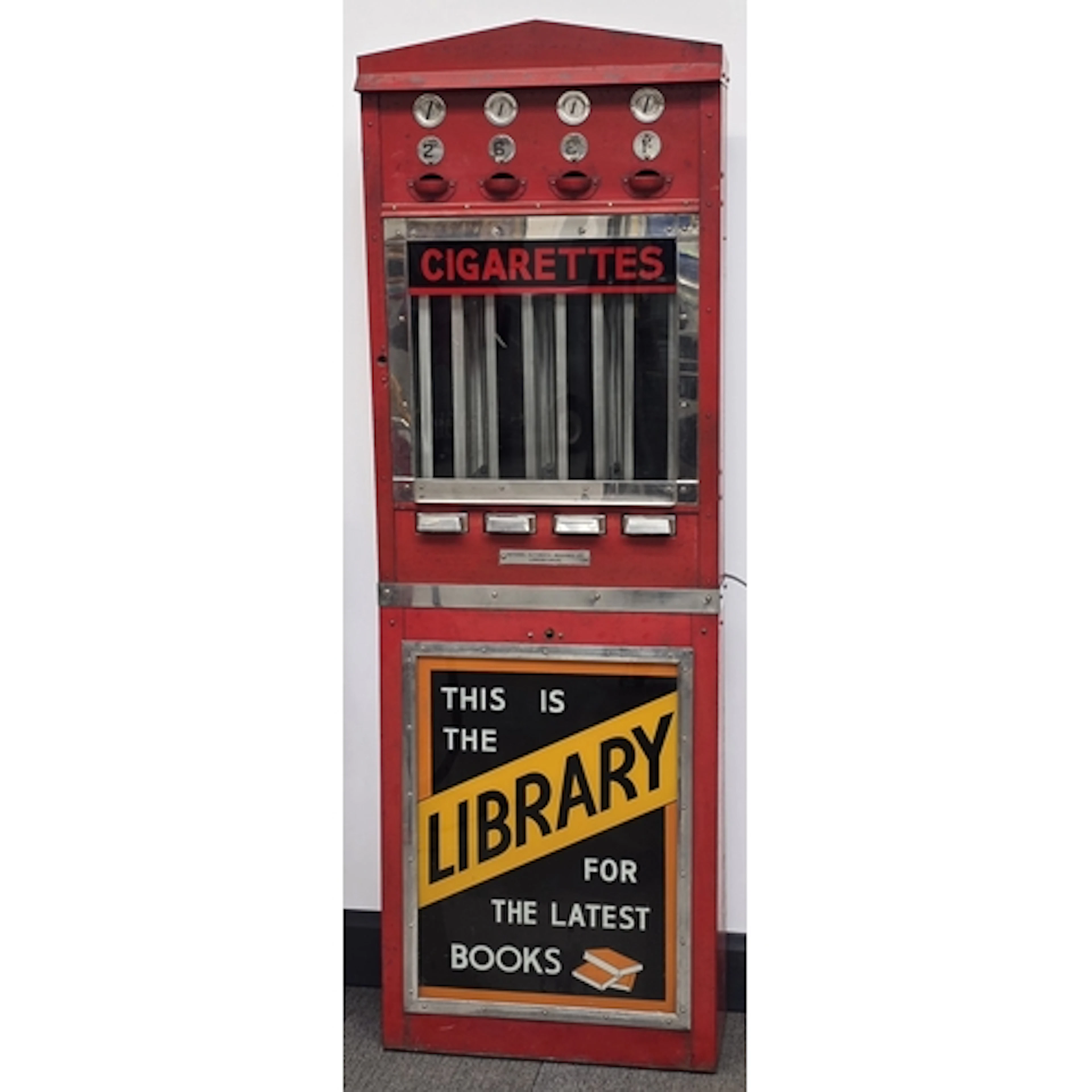 Vintage freestanding red metal cigarette vending maching fea...
