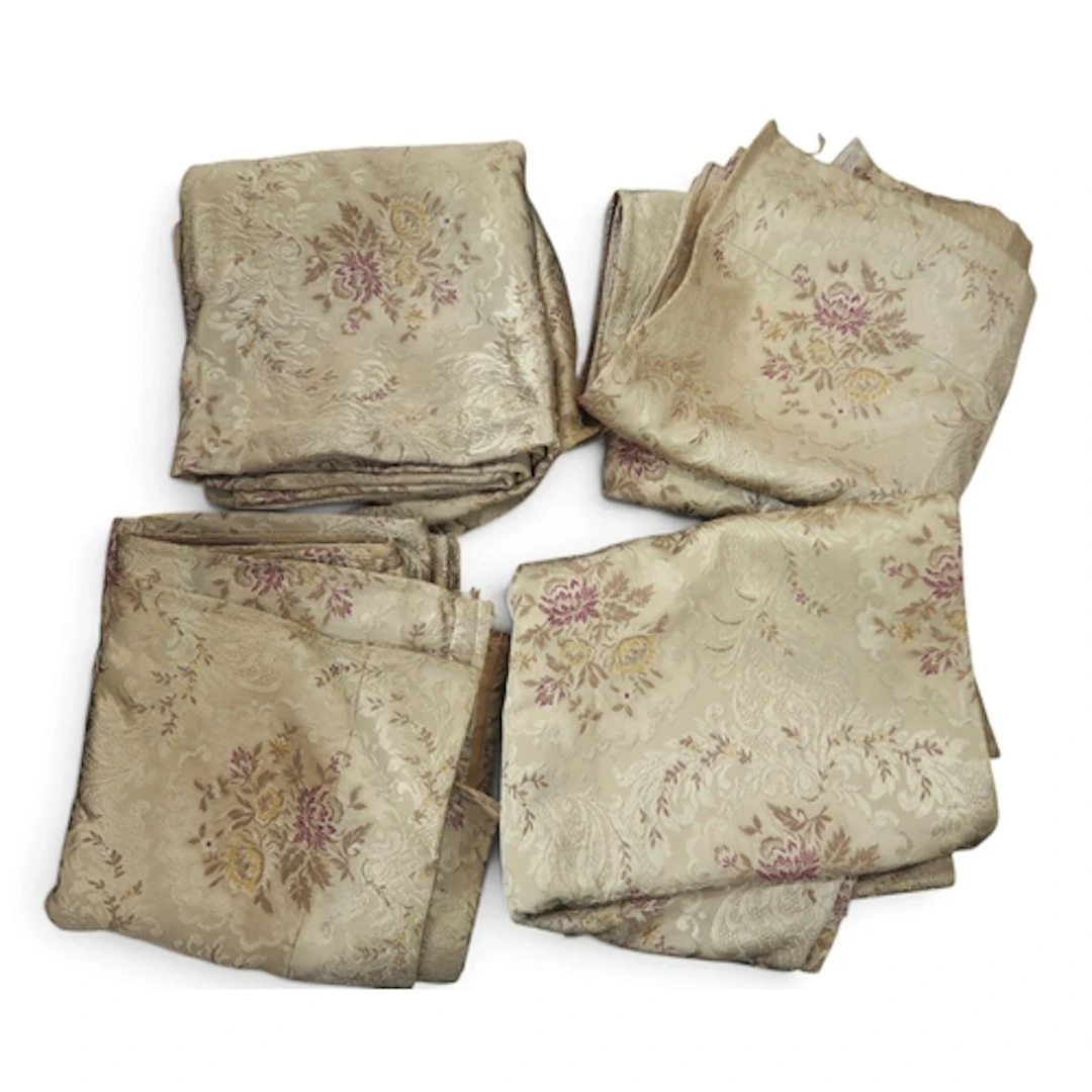 Two pairs of gold coloured brocade curtains with floral desi...