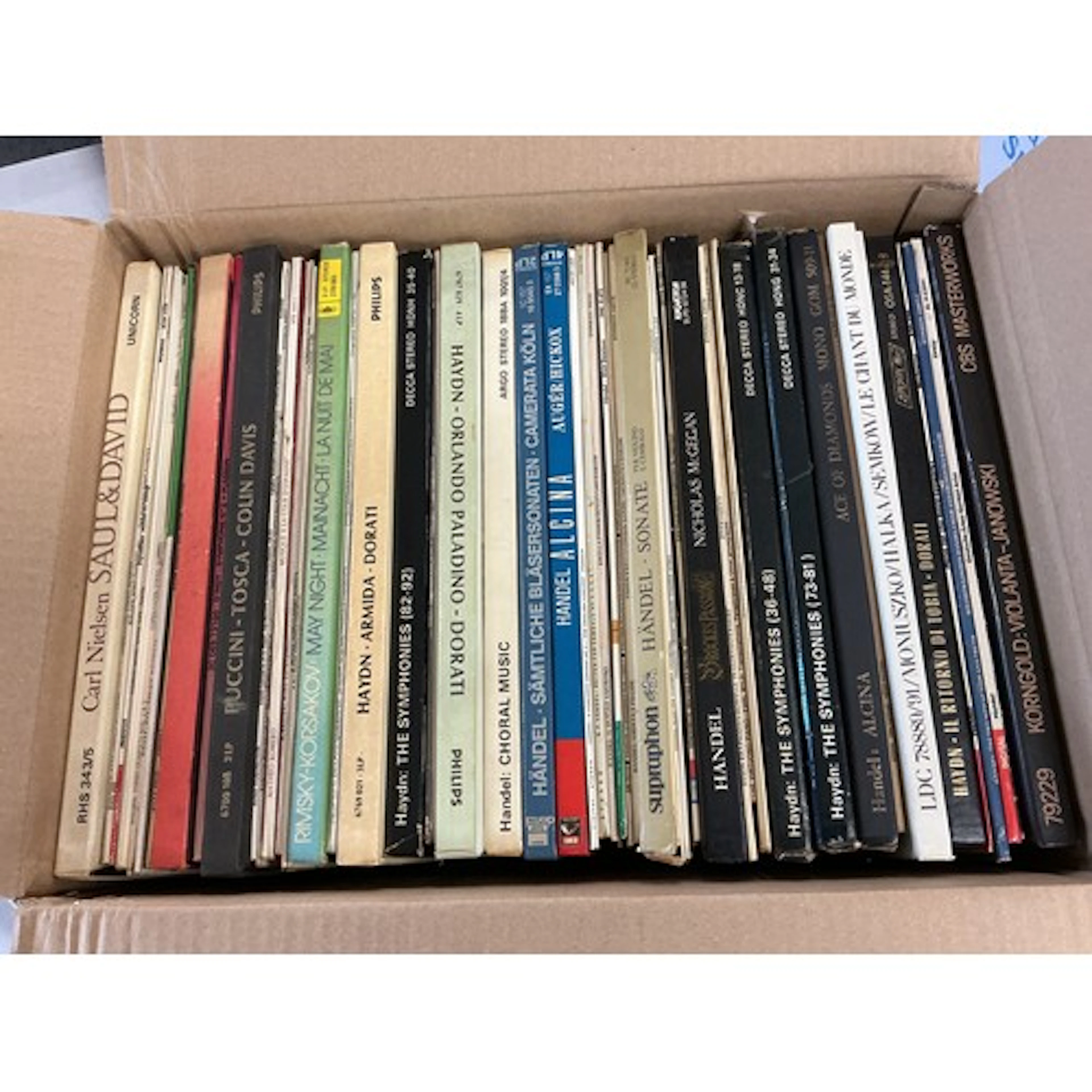 Four boxes and three bags of classical music LPs including m...