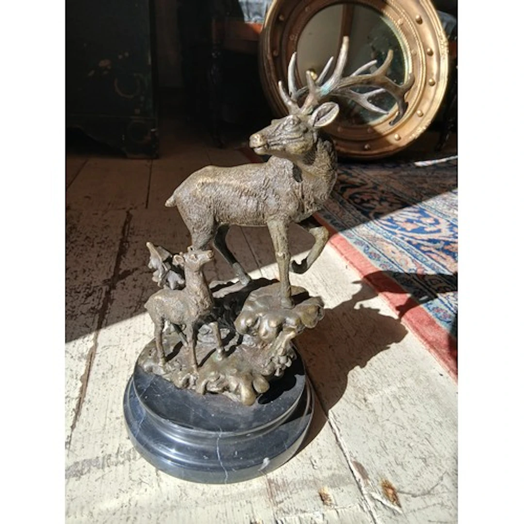 Bronze Sculpture Stag on Stepped Marble Base Approximately 1...