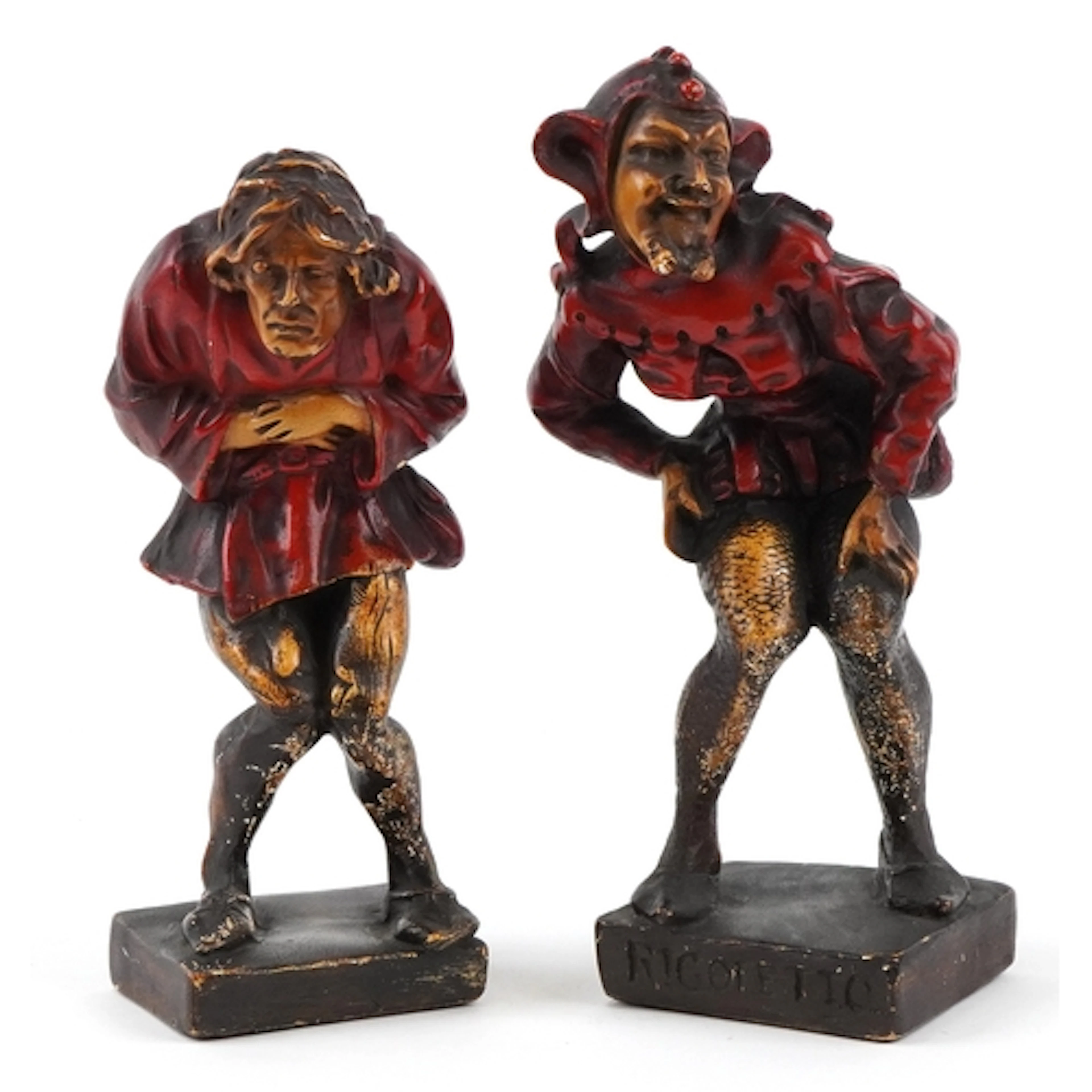 Two vintage painted Italian plaster figures of Rigoletto cou...