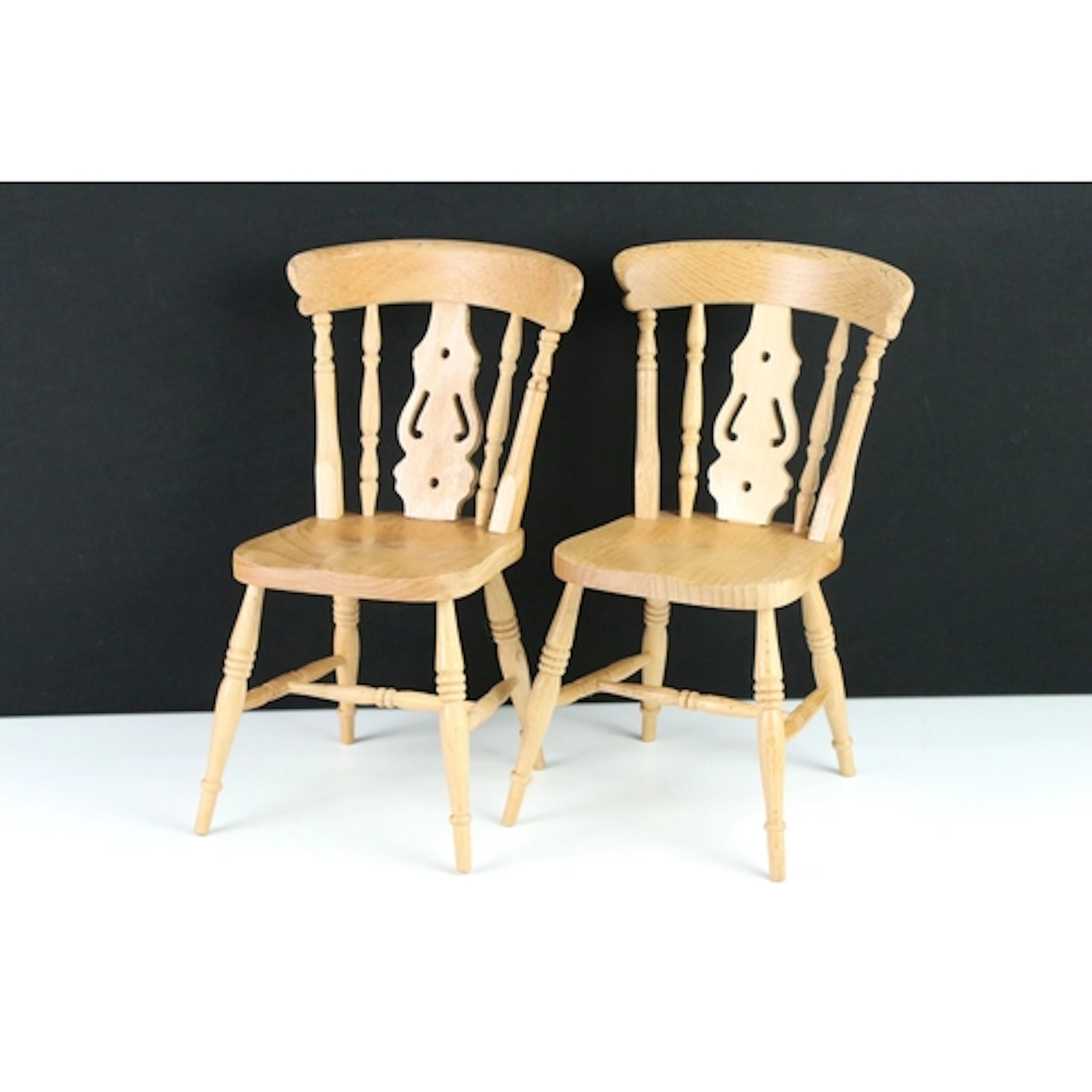 Pair of wooden miniature hand-made Windsor chair, 30cm high