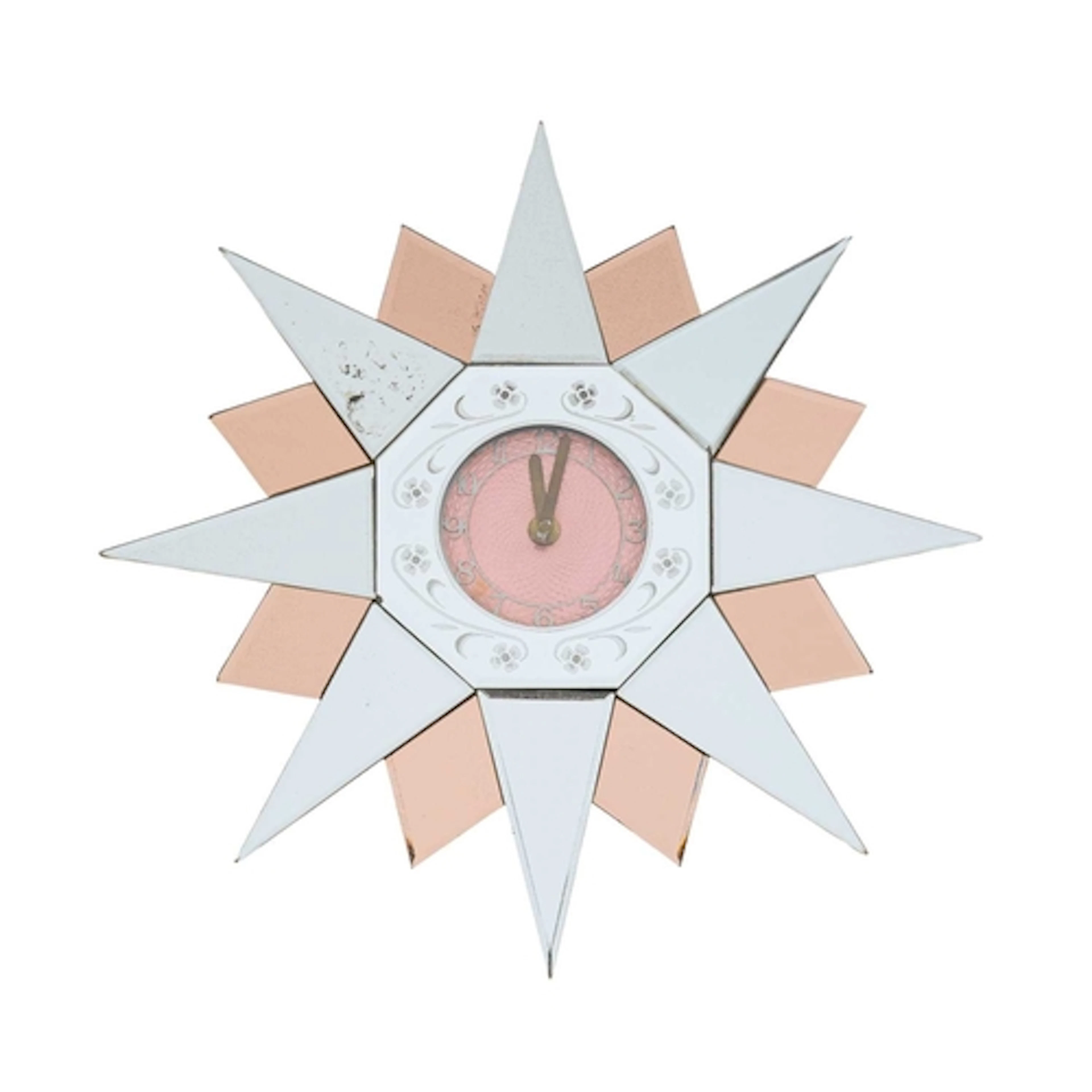 An Art Deco sunburst wall clock. Two tone clear and peach mi...