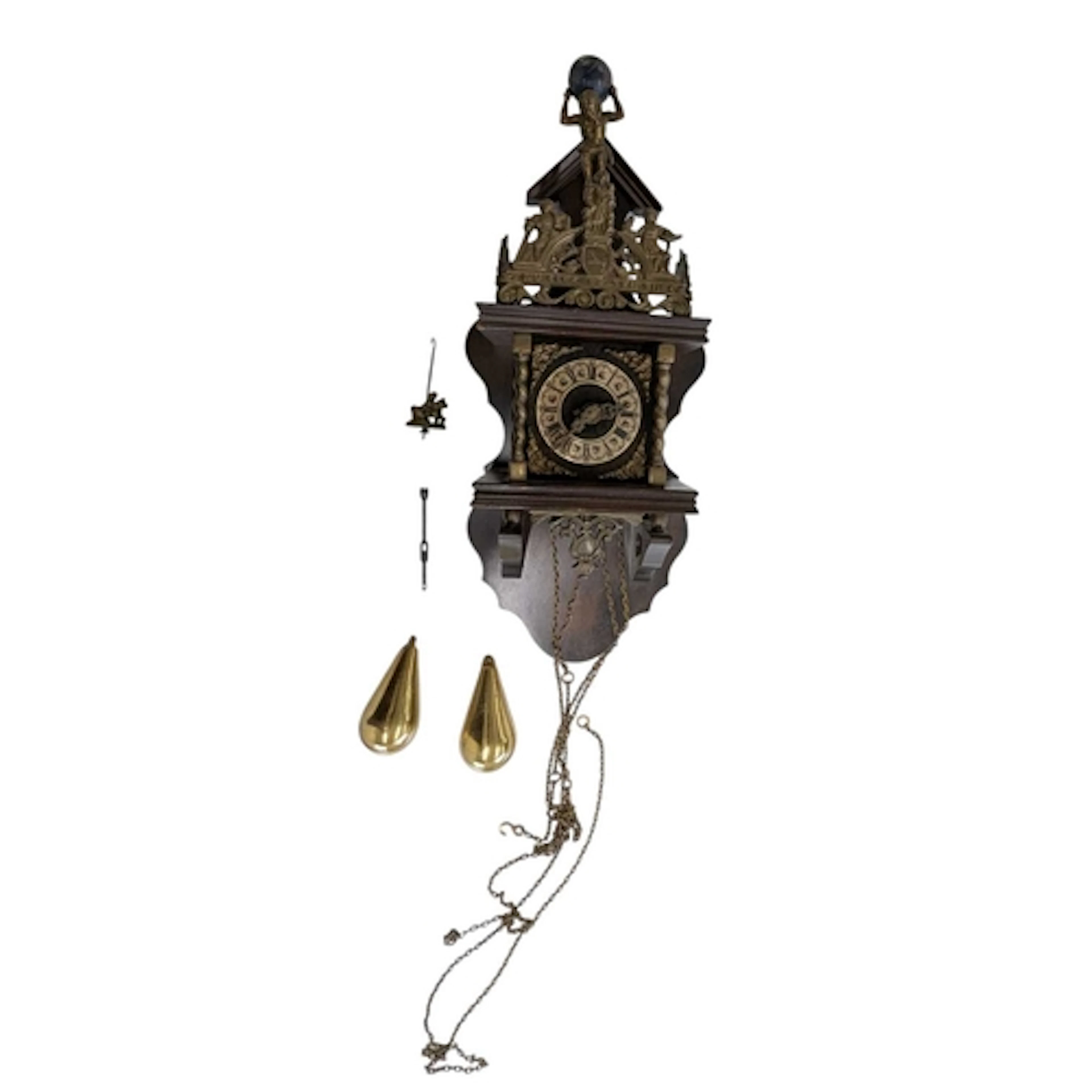 A Dutch 'Nu Elck Syn Sin' wall clock, the pediment topped wi...