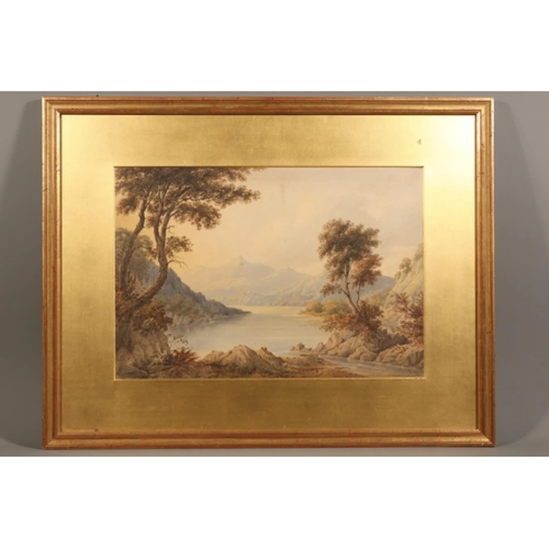 19TH CENTURY SCHOOL, view of a lake, watercolour painting, u...