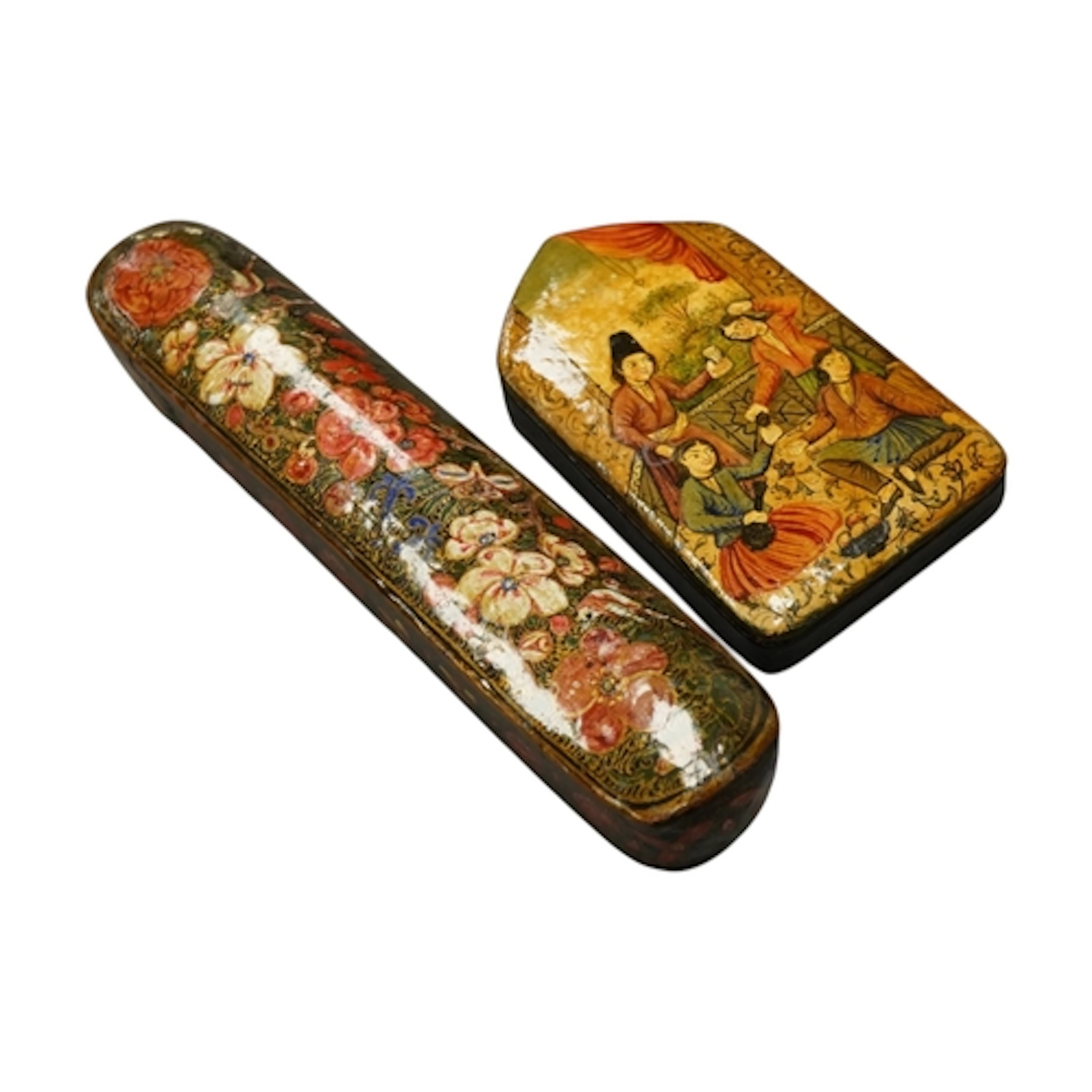 A Persian painted mirror case, 15cm tall, and a similar scri...