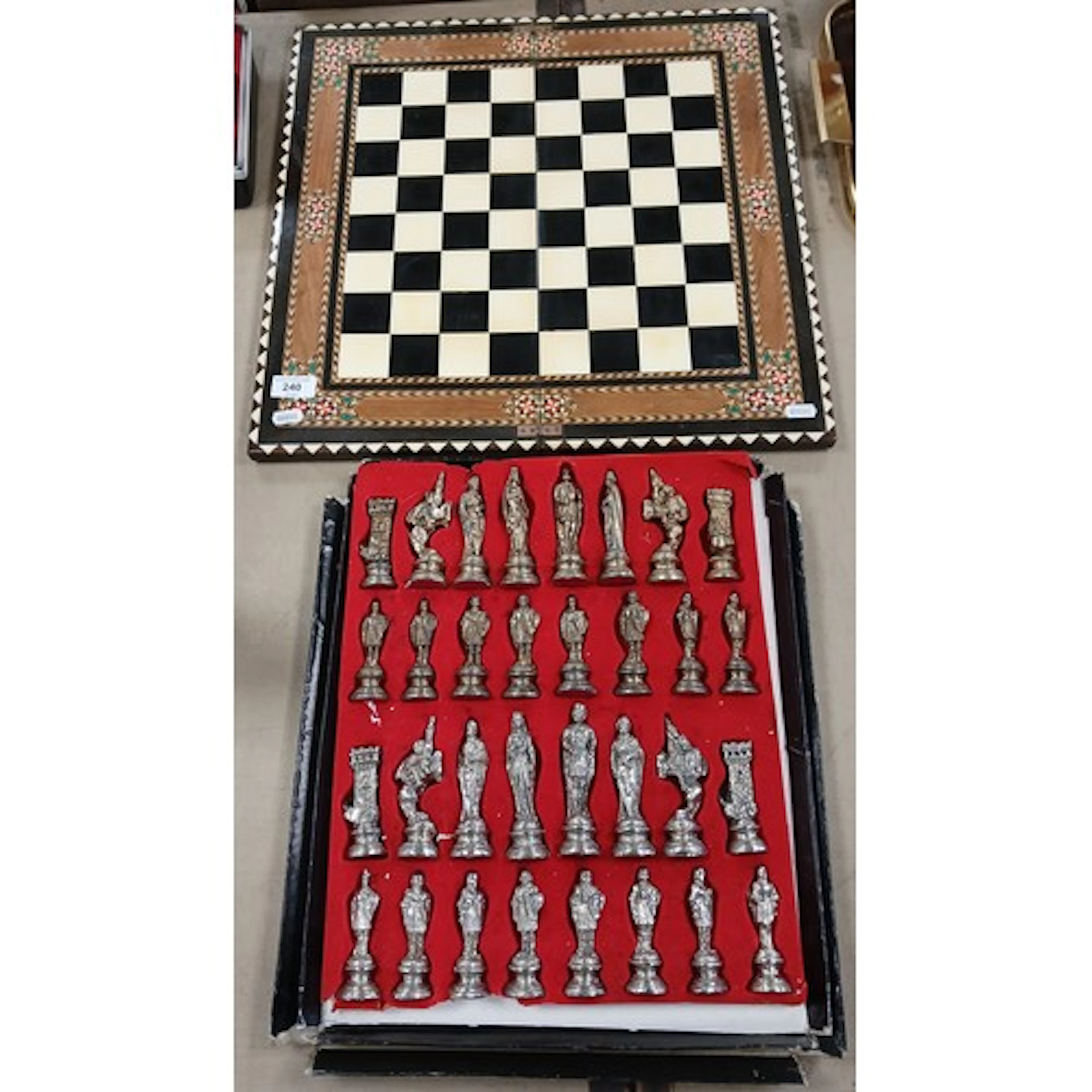 Cast metal historical chess set, and board.
