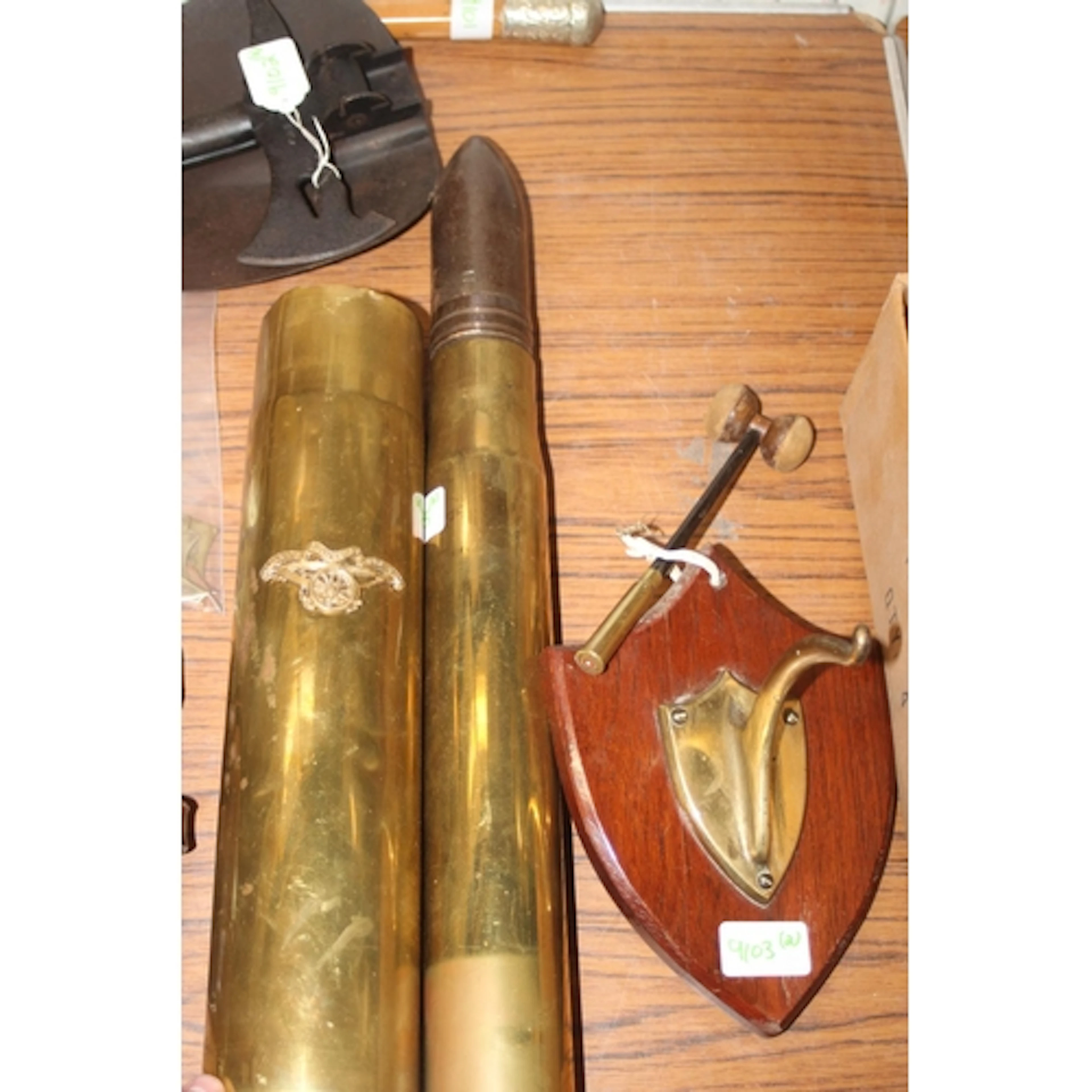 Trench Art style wall gong made from a brass shell casing, 3...