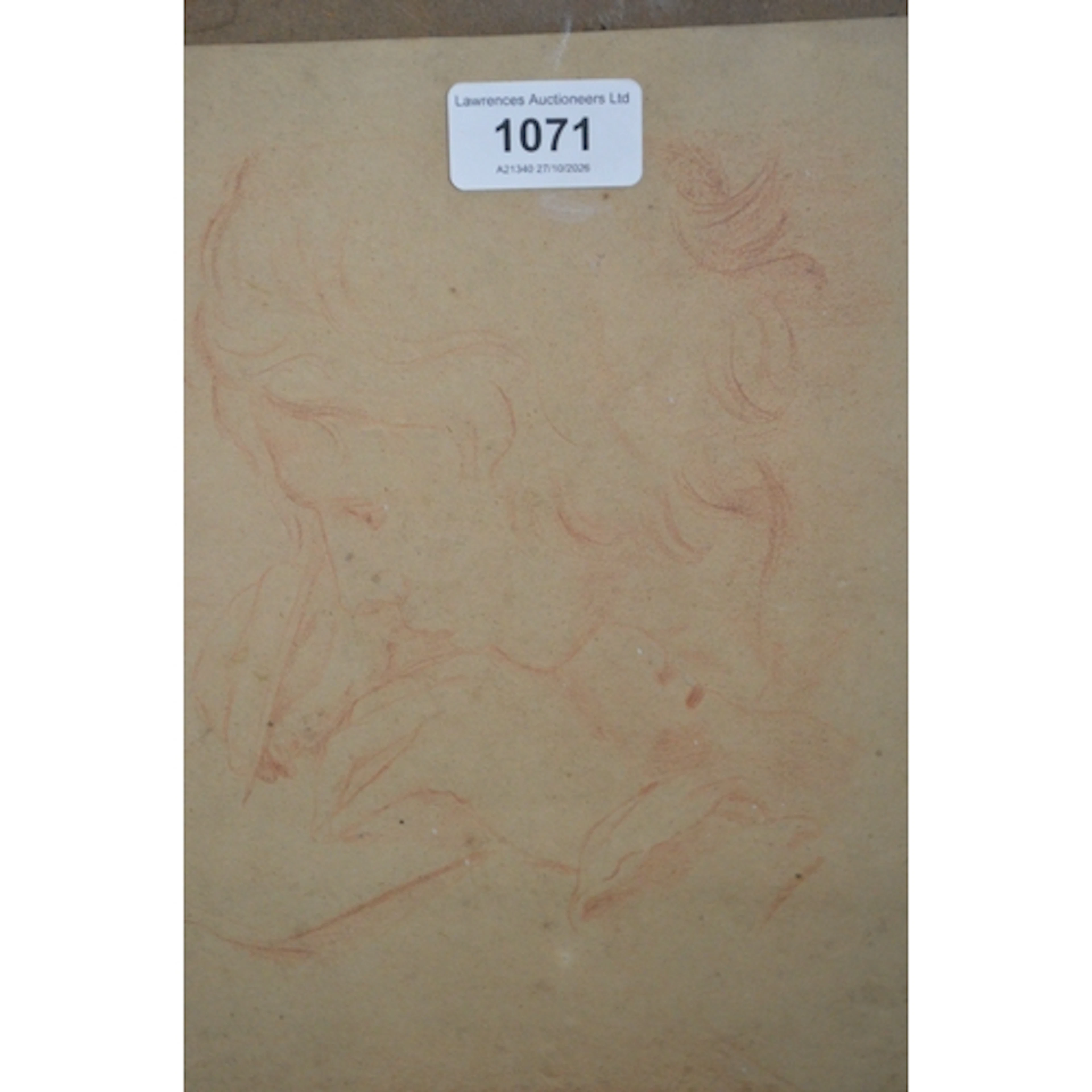 Sepia sketch portrait, together with three various etchings