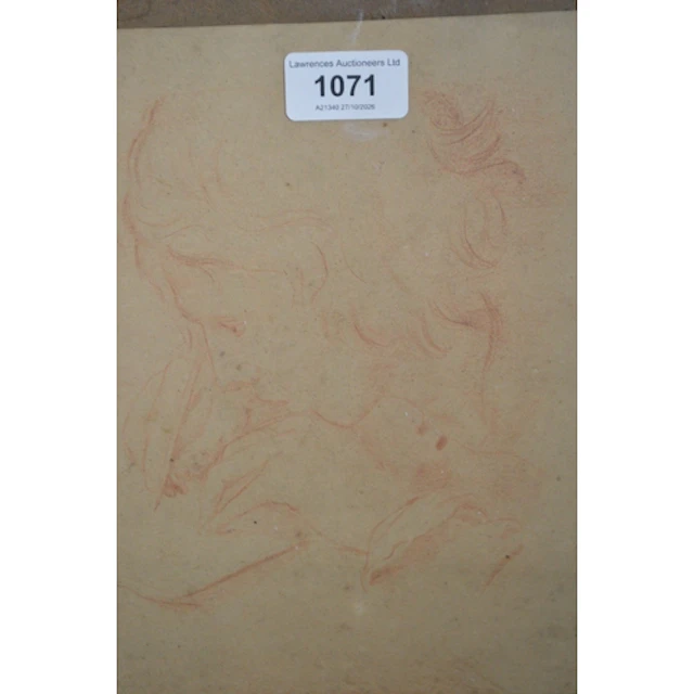 Sepia sketch portrait, together with three various etchings