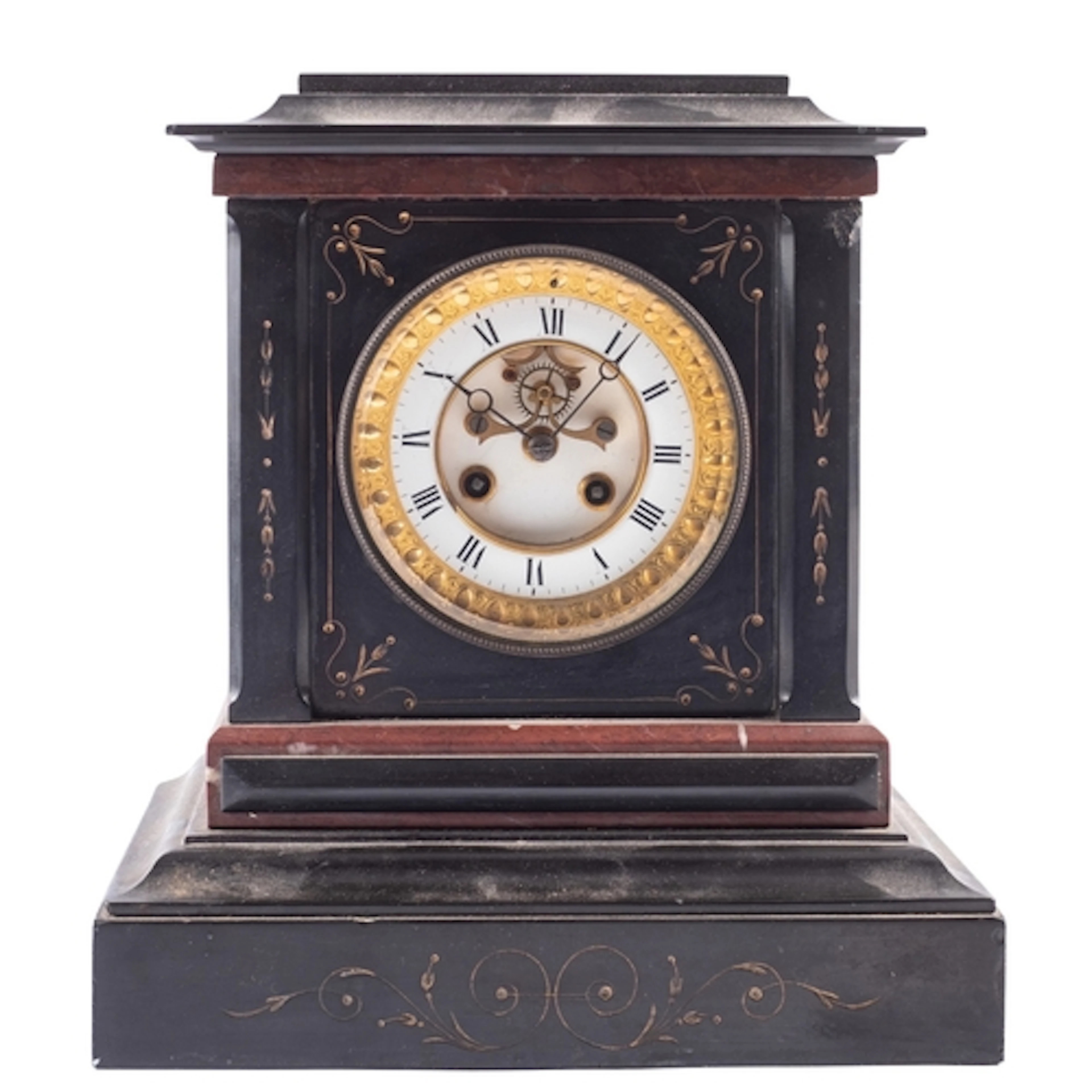 A late-Victorian French black marble mantel clock with visib...