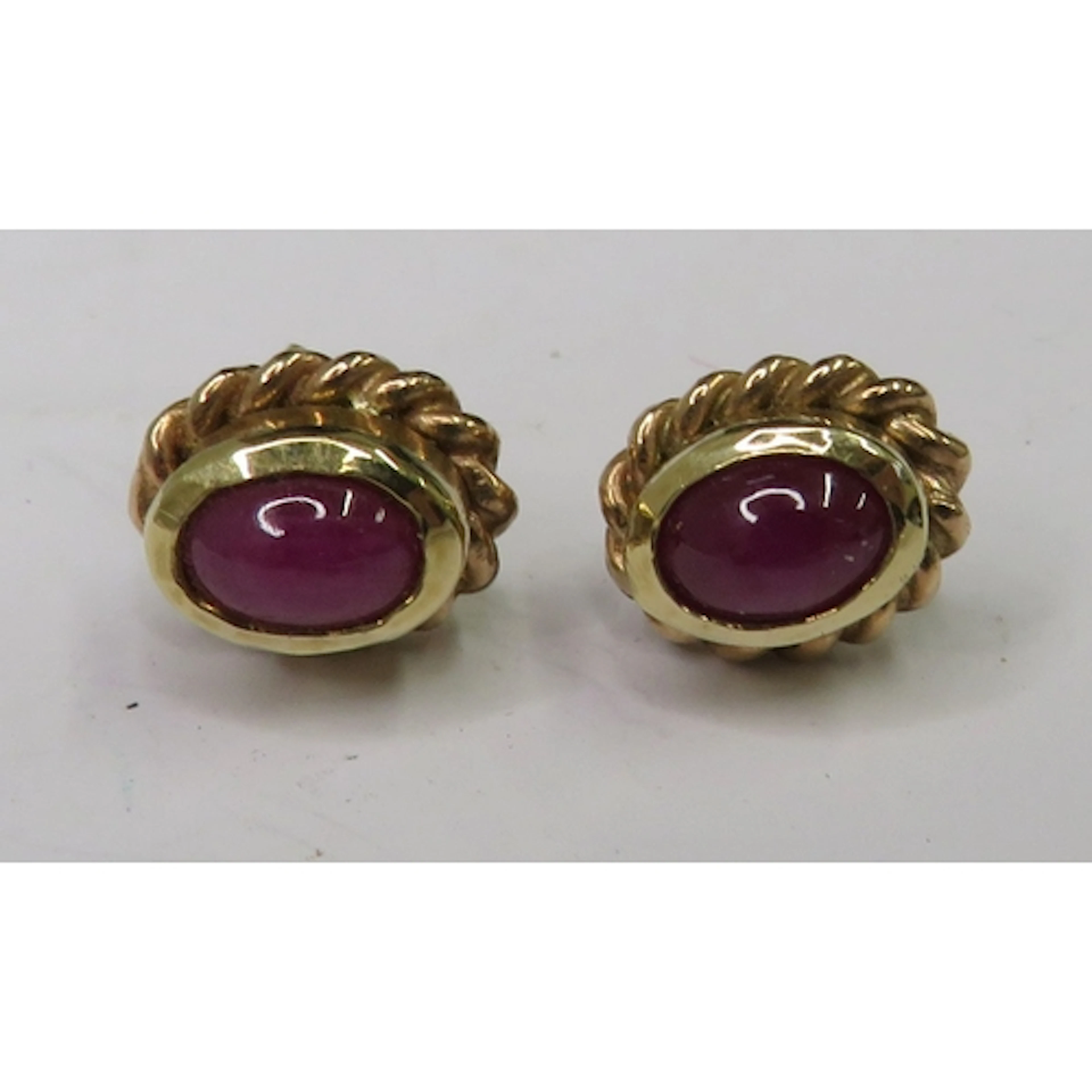 Pair 10ct Gold Earrings with cabochon rubies, odd butterflie...