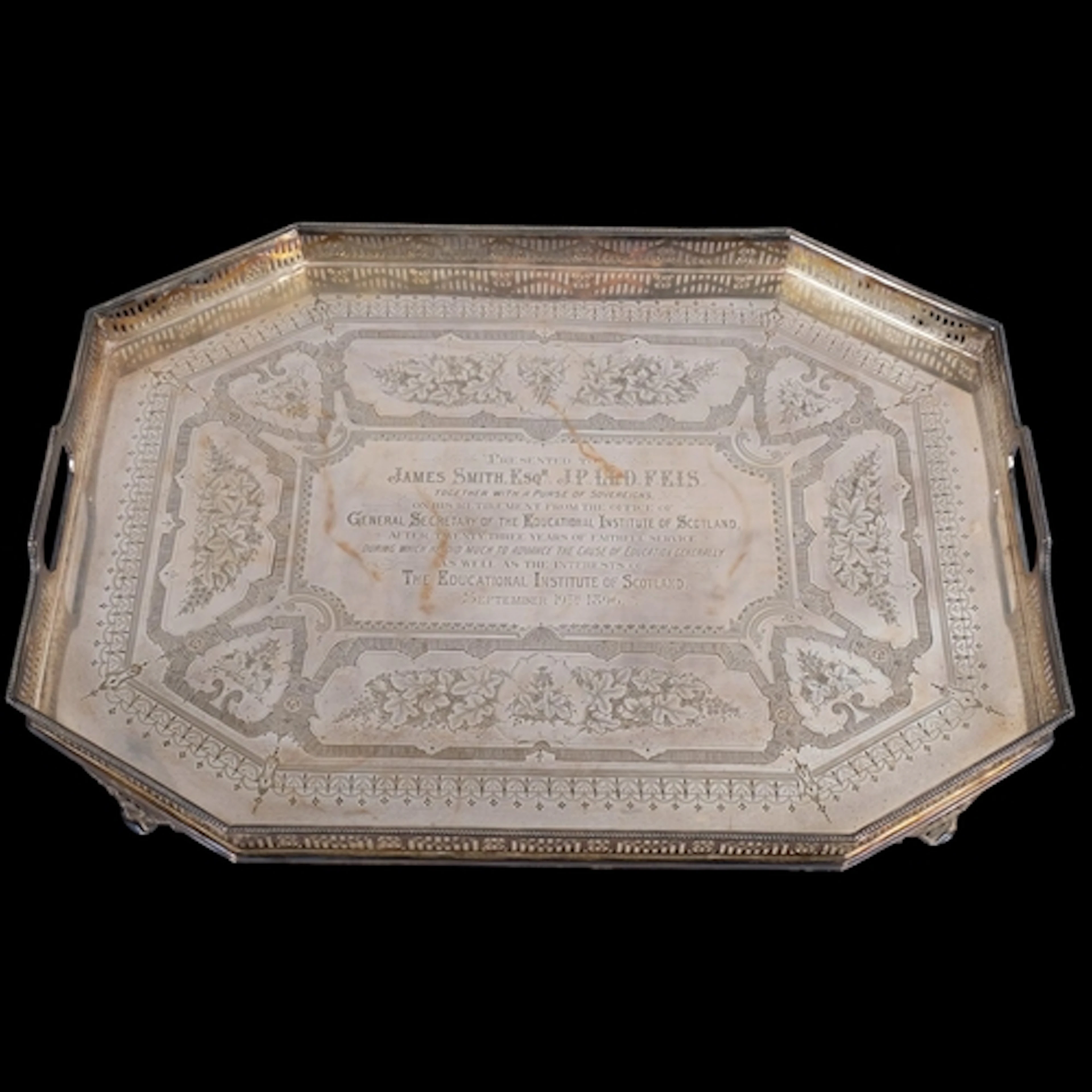 A large and impressive Victorian silver 2-handled tea tray, ...