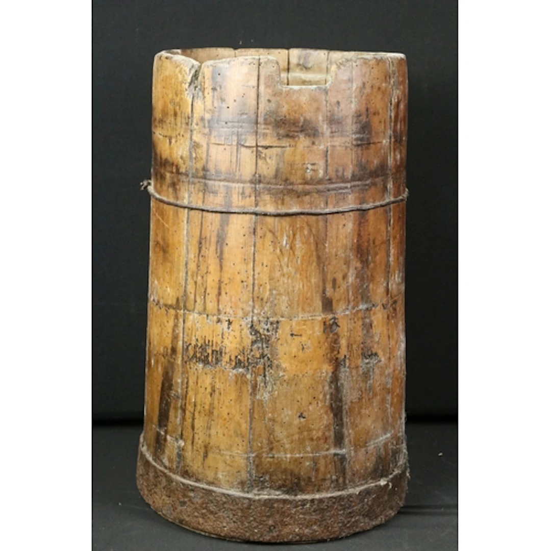Antique pine coopered stick stand, having wrought iron bound...