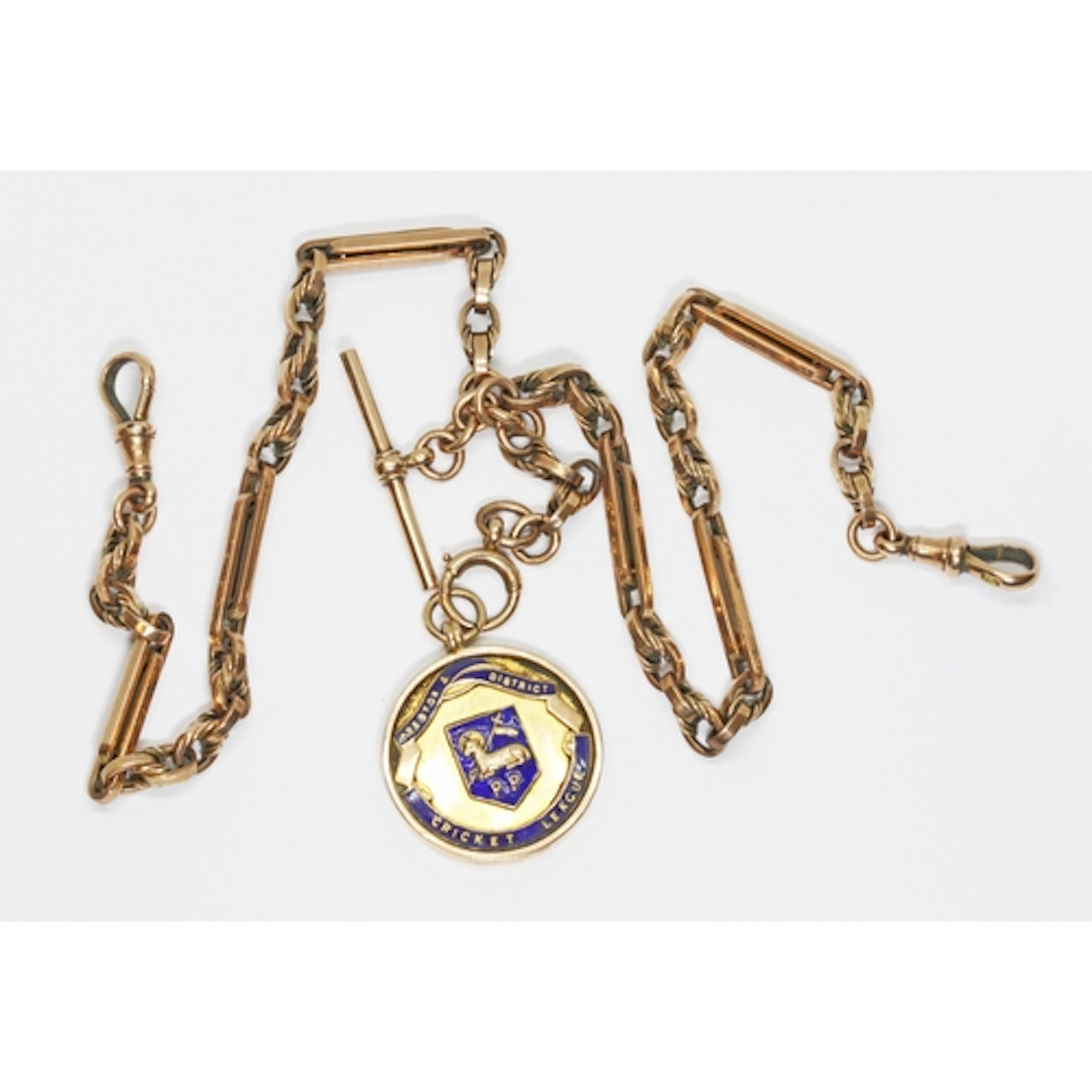 An antique trombone and fetter link Albert chain with T bar,...