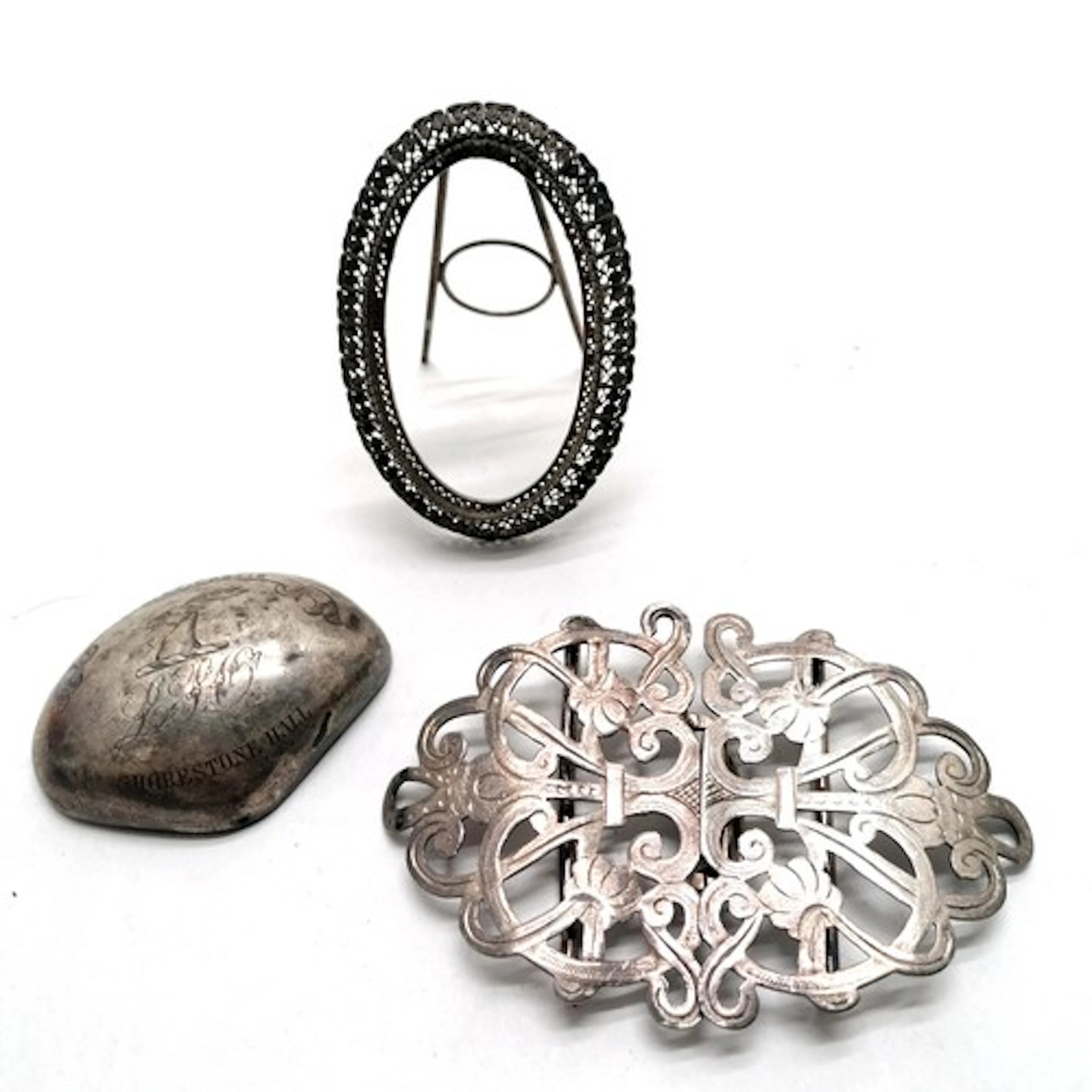 Silver hallmarked buckle (8.5cm), 800 silver filigree frame ...