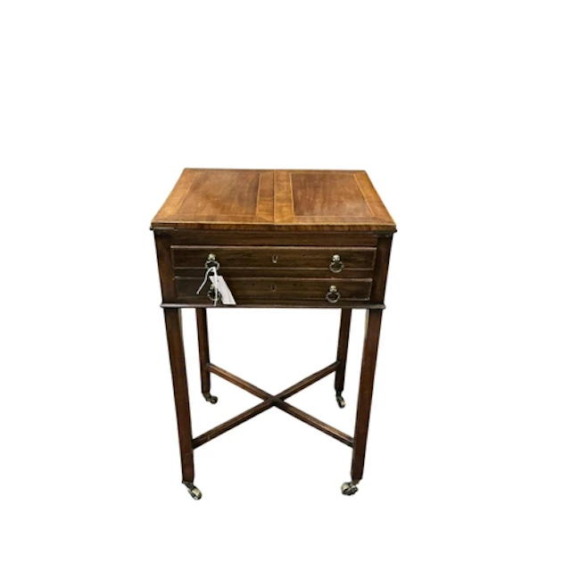 A George III boxwood strung mahogany two drawer patience tab...