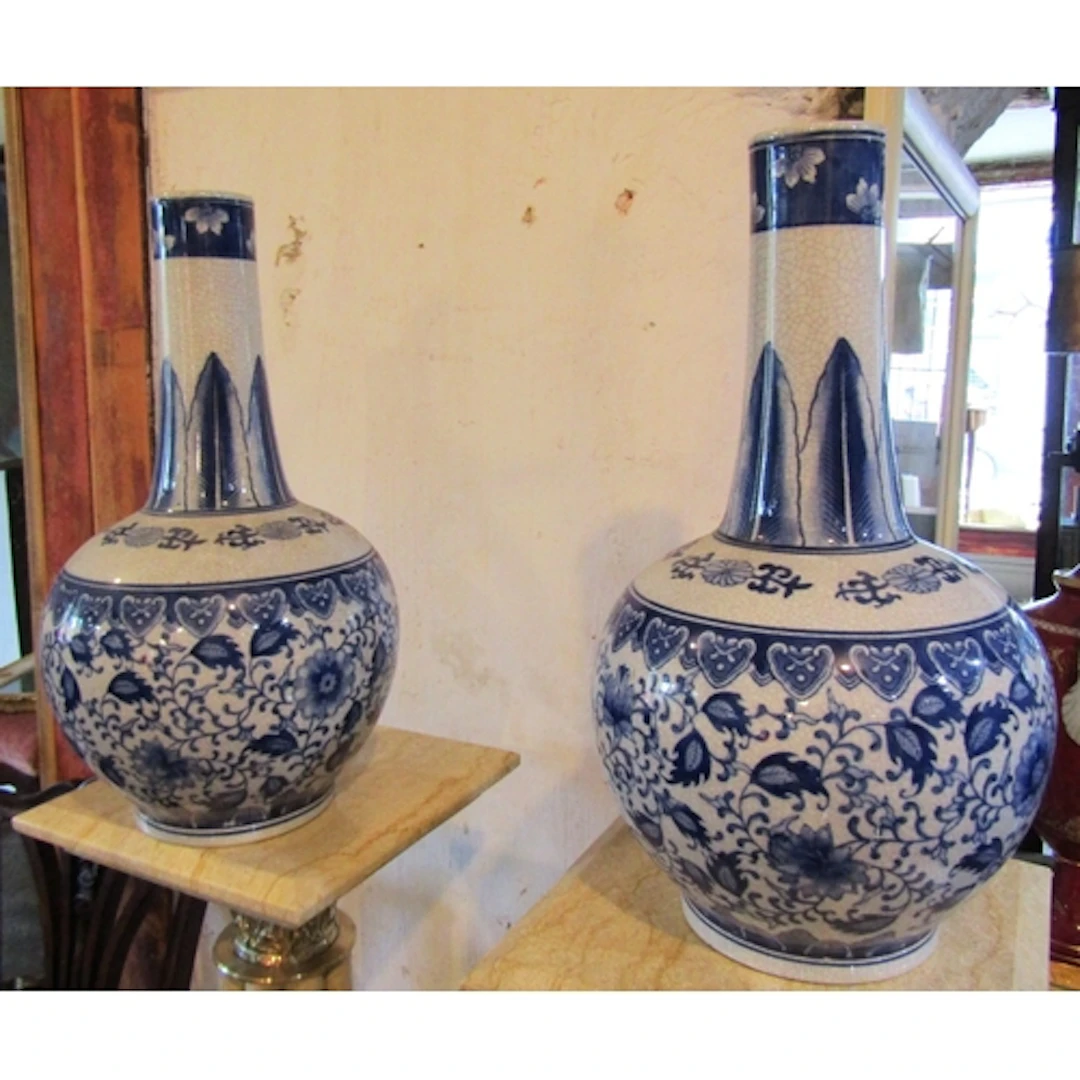 Pair of Oriental Blue and White Slender Neck Vases Each Appr...