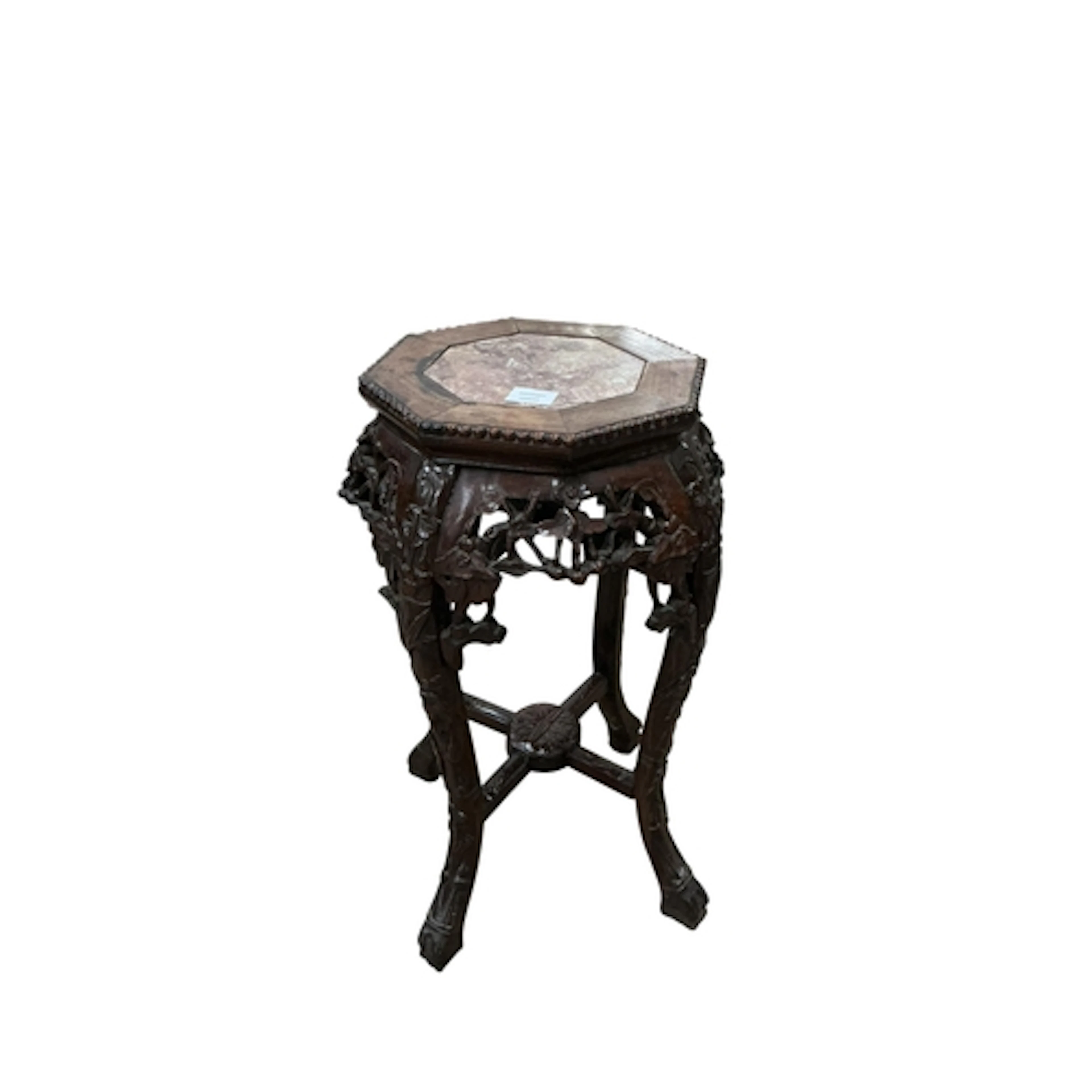 A Chinese marble top, hardwood prunus carved hexagonal vase ...