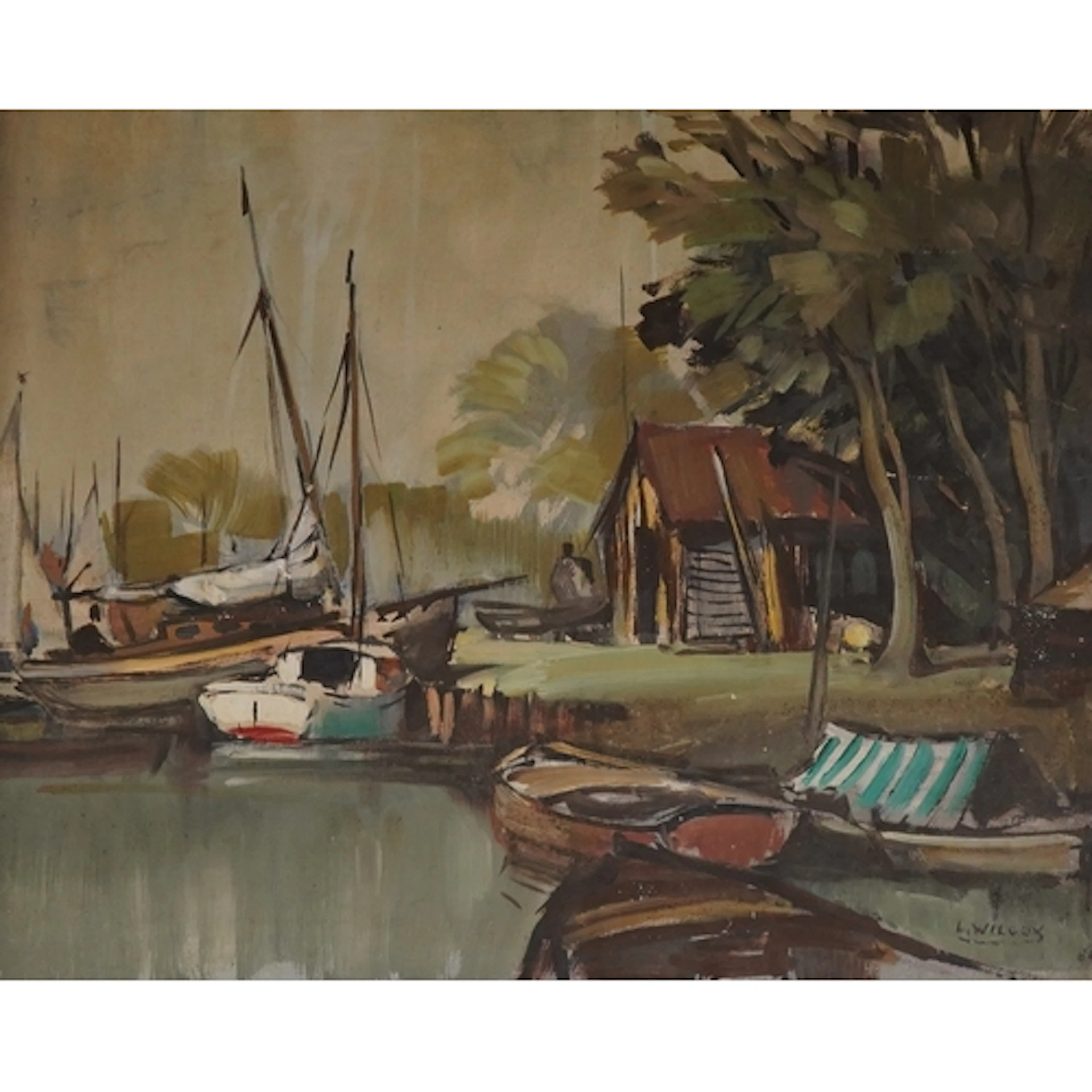 L. Wilcox, moored boats, signed, oil on canvas, 39 x 49cm...