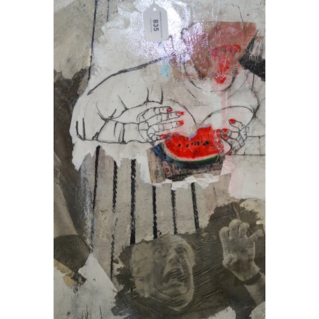 Anna Comba (1945-2010), oval mixed media work on canvas, unf...