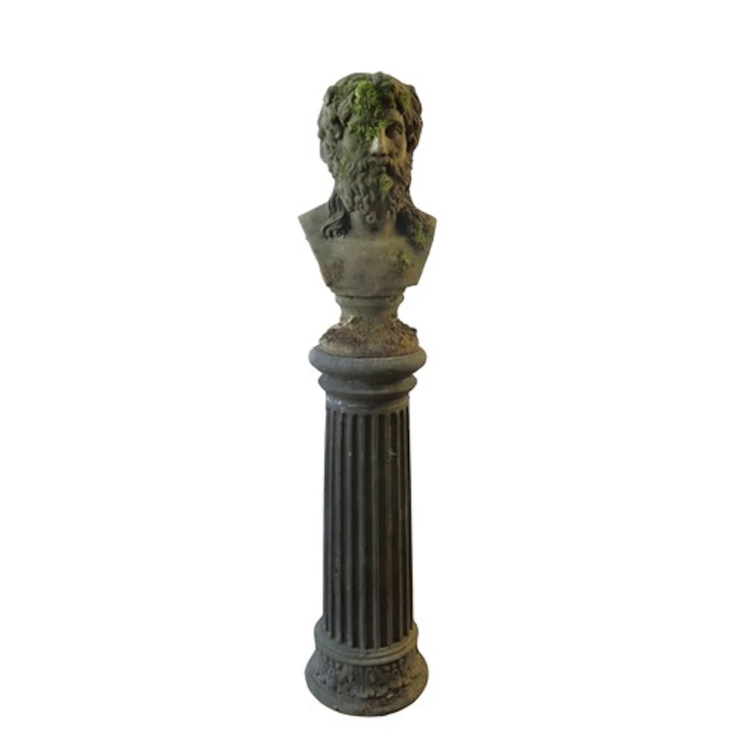 A RECONSTITUTED STONE GARDEN BUST of a Greco-Roman male, rai...