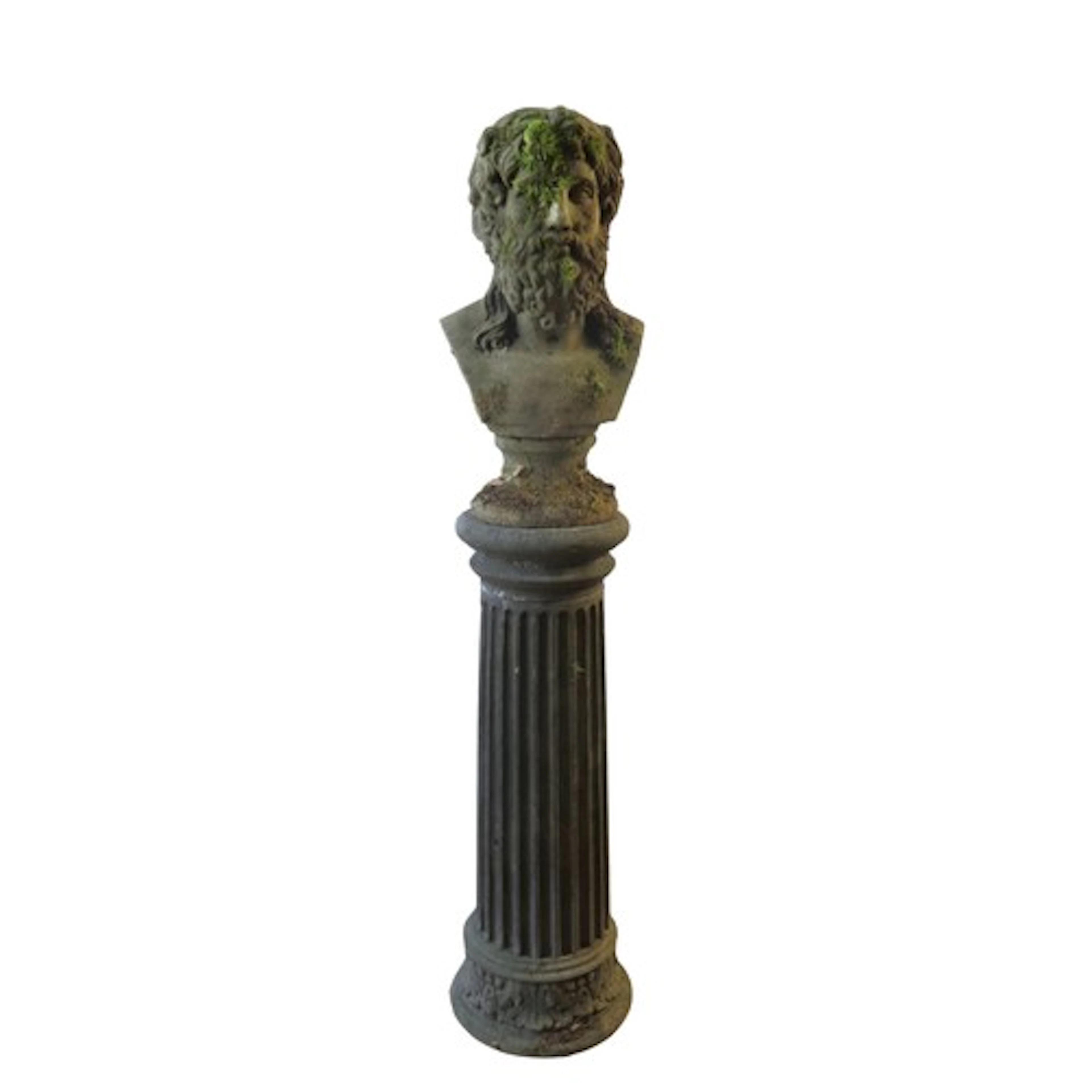 A RECONSTITUTED STONE GARDEN BUST of a Greco-Roman male, rai...