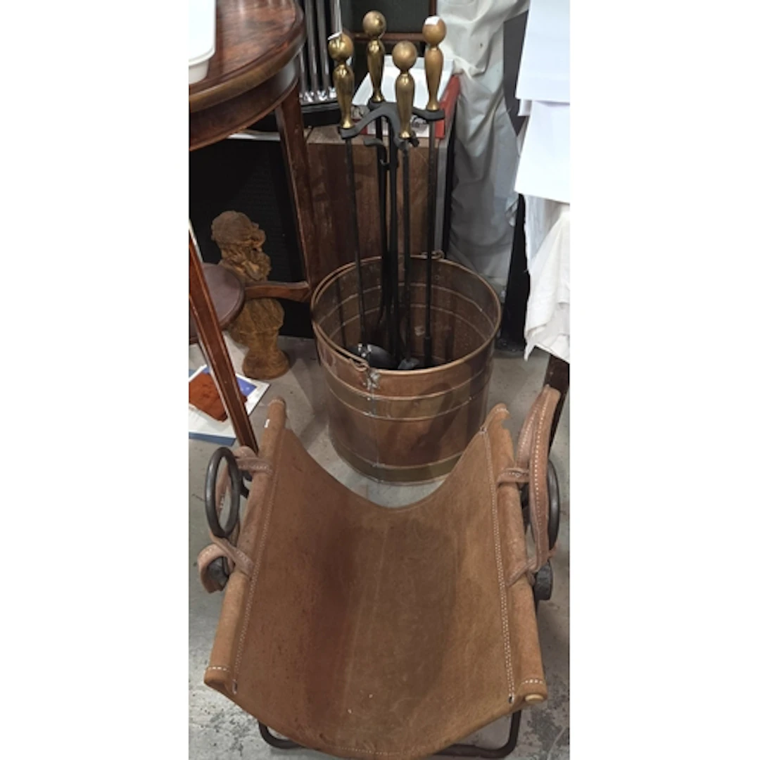 A steel and brass 4 piece companion set and stand; a copper ...
