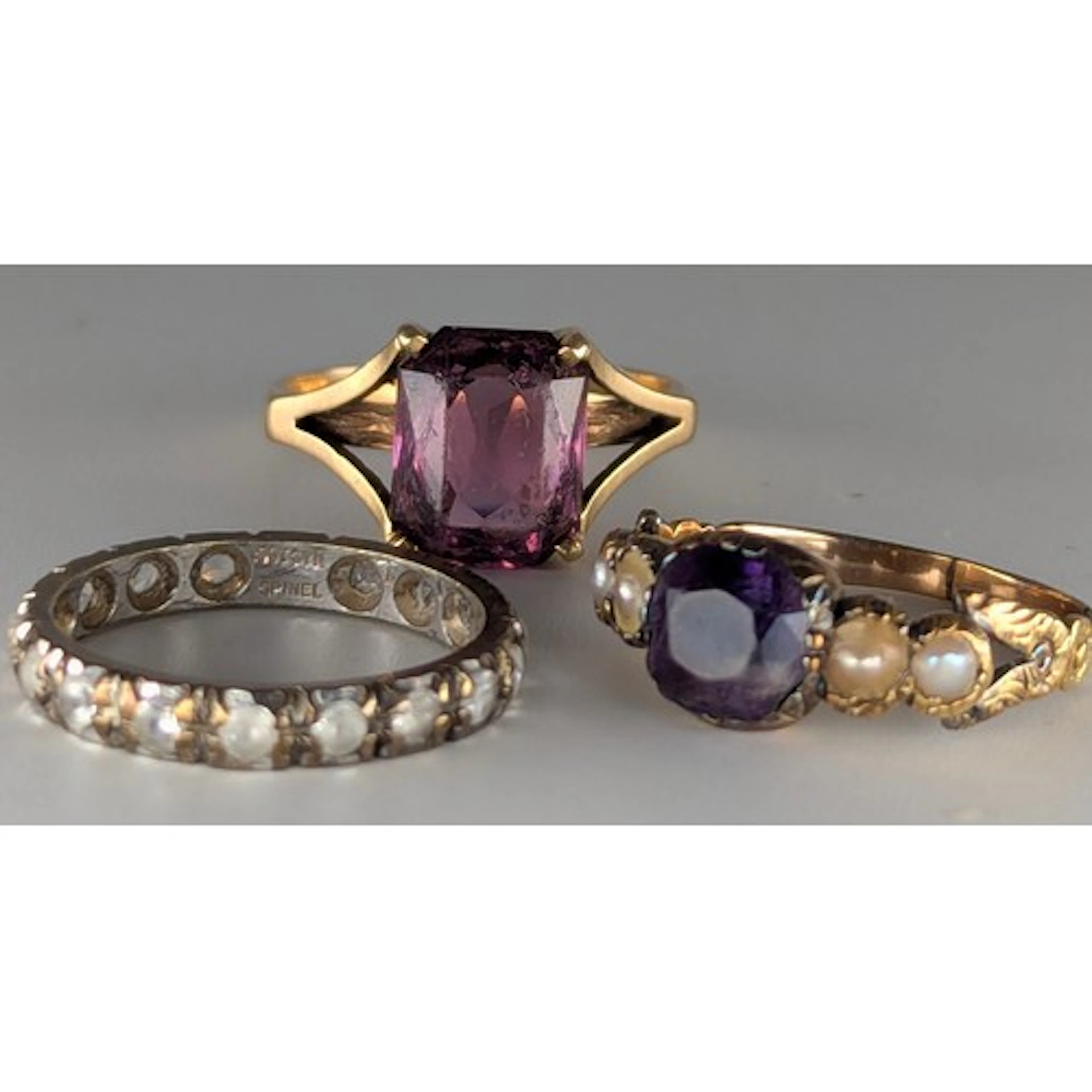 Rings - a 9ct gold pale pink baguette ring, stamped S.G.W, 3...