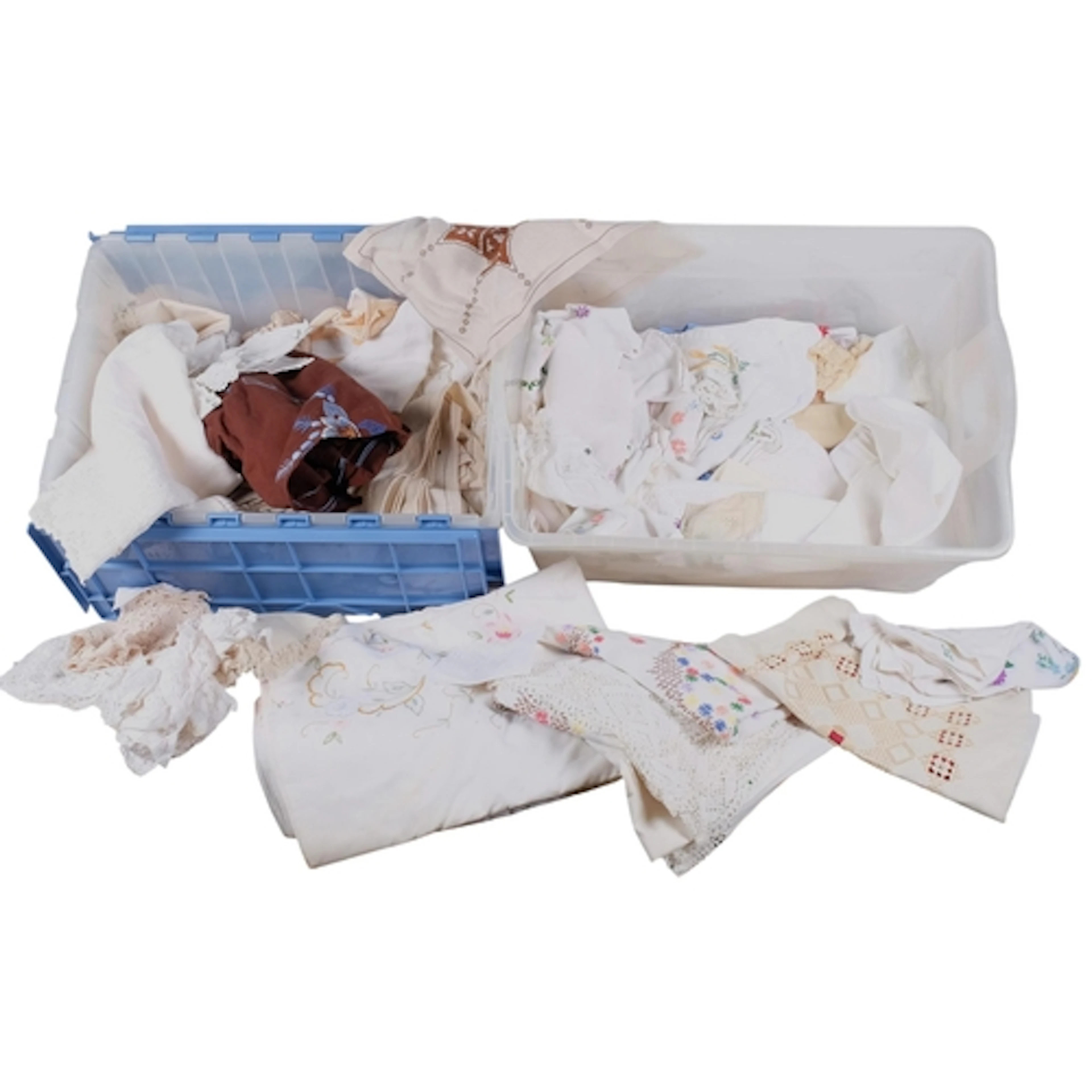 2 boxes containing a large variety of Vintage textiles, line...