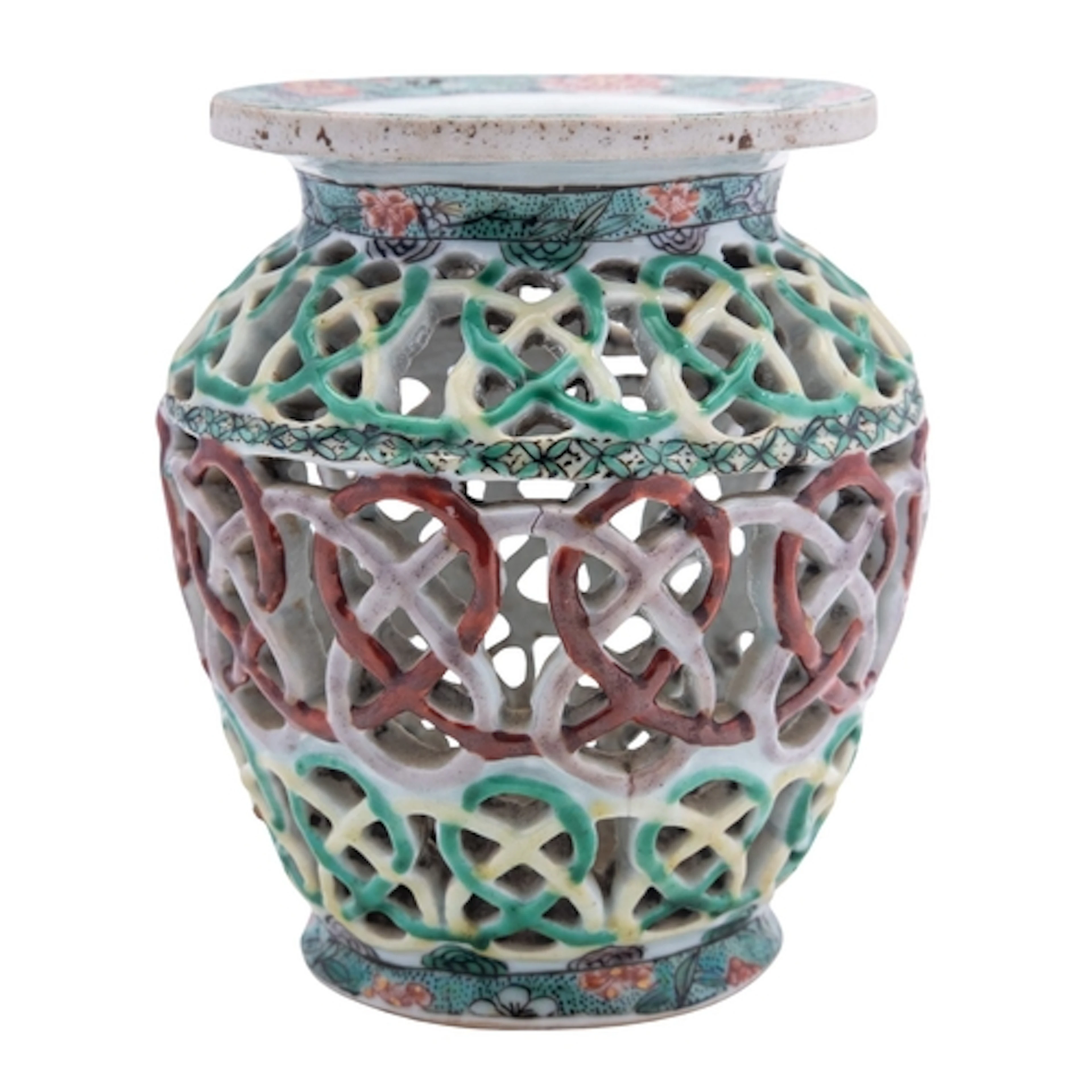 A Chinese famille verte reticulated basket, Kangxi of basket...