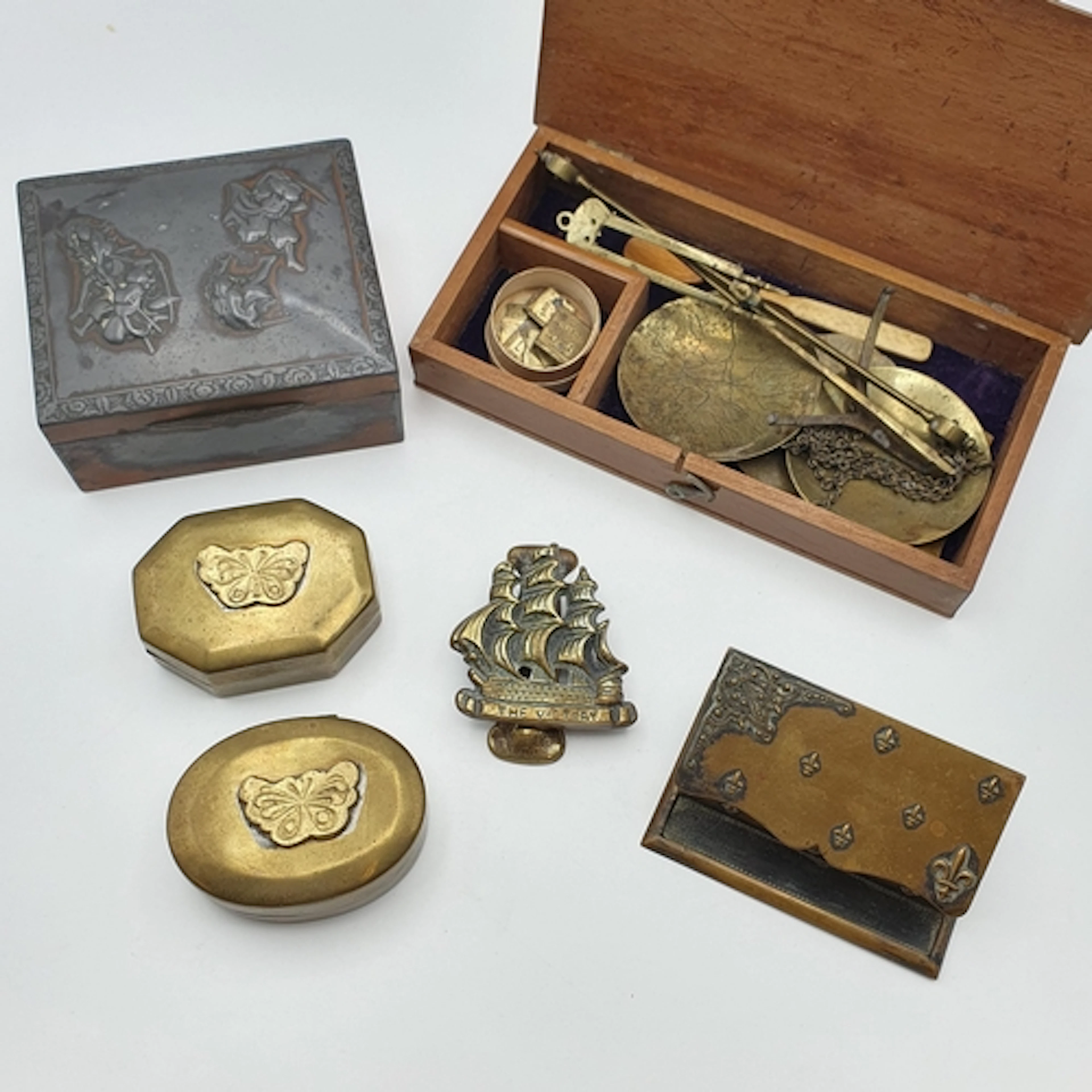 A vintage set of Apothecary Scales, a brass HMS Victory Knoc...