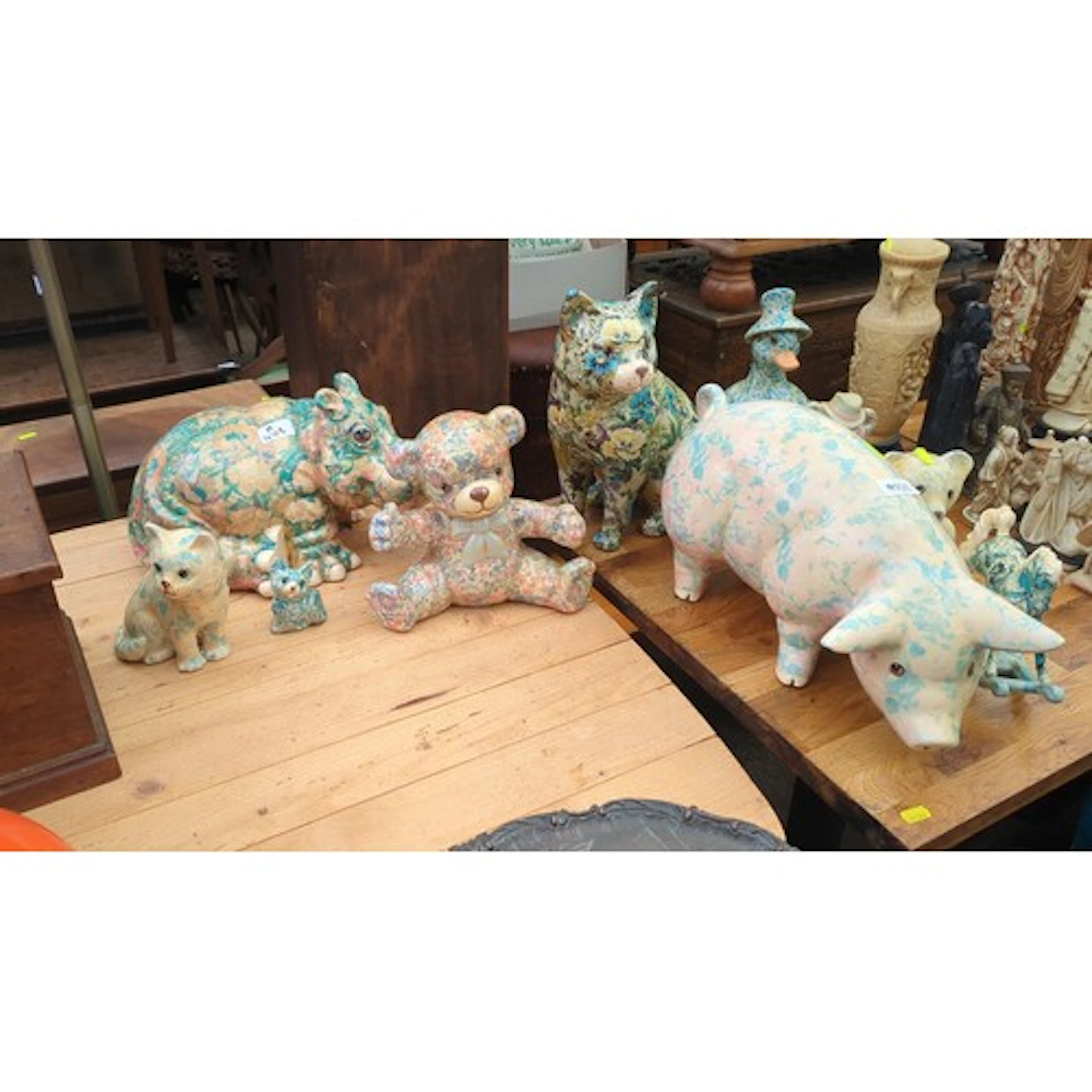 A group of Paper Moon Design decoupage figurines—cat, hippop...