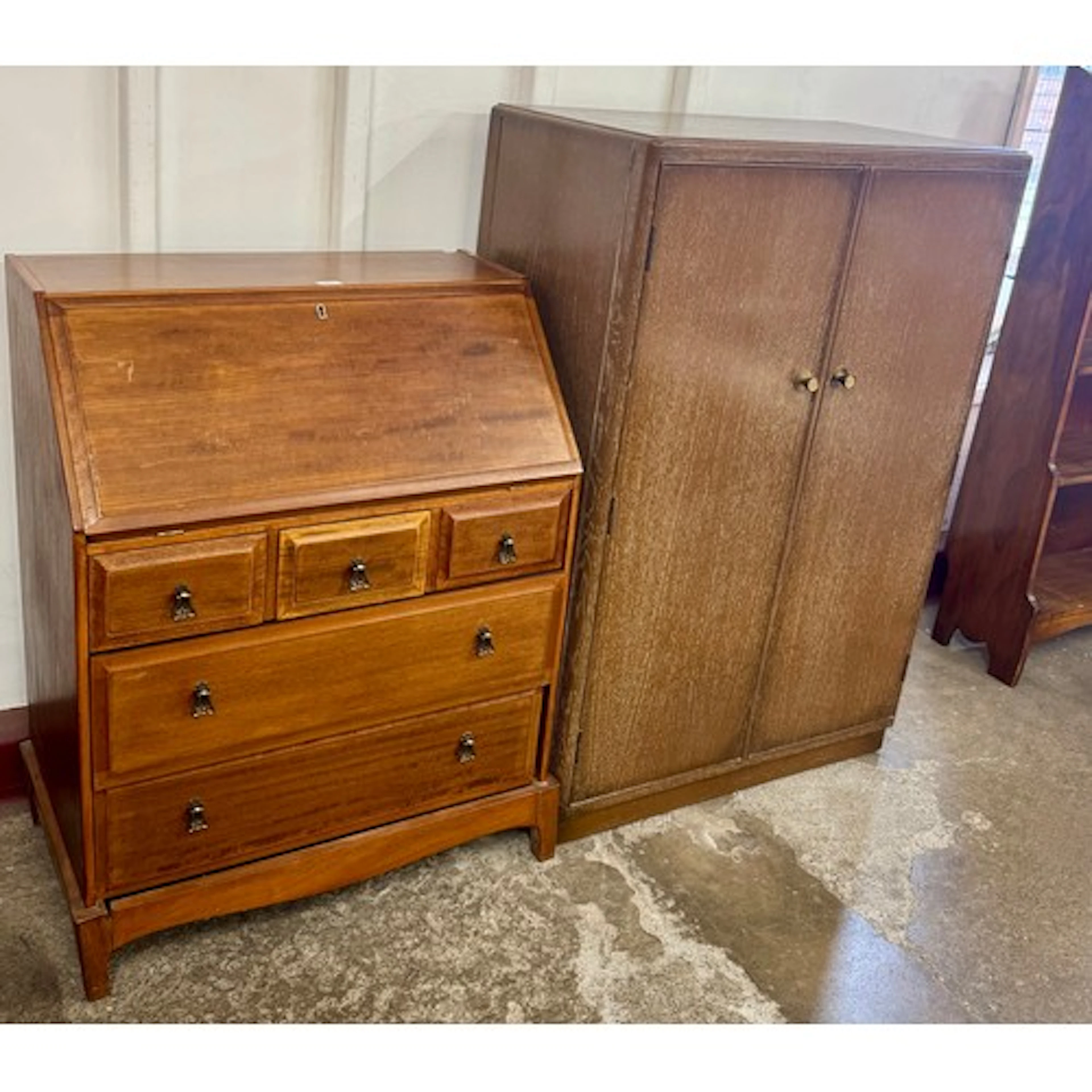 An oak tallboy and a mahogany bureau