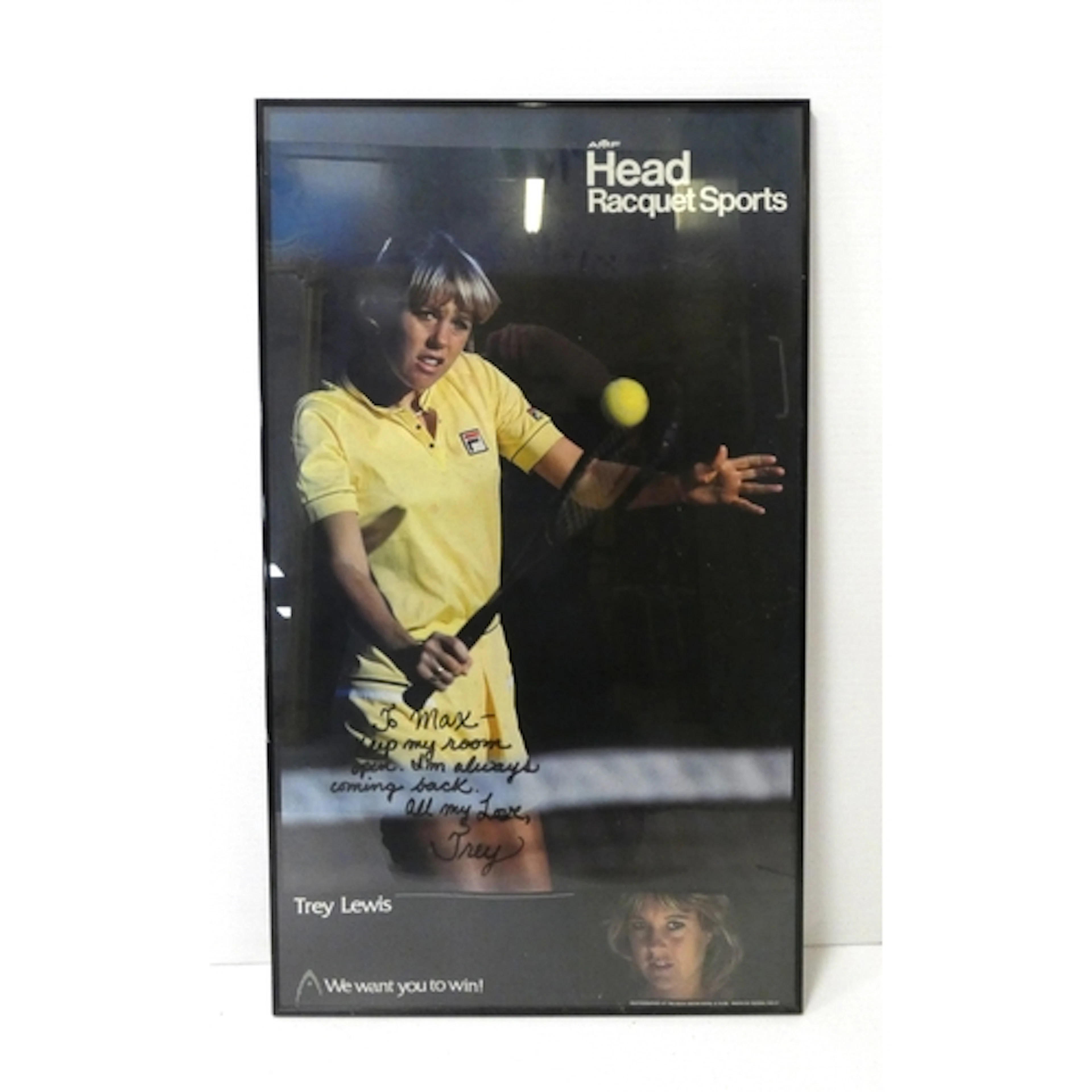 Tennis poster, signed by Trey Lewis, framed and glazed.