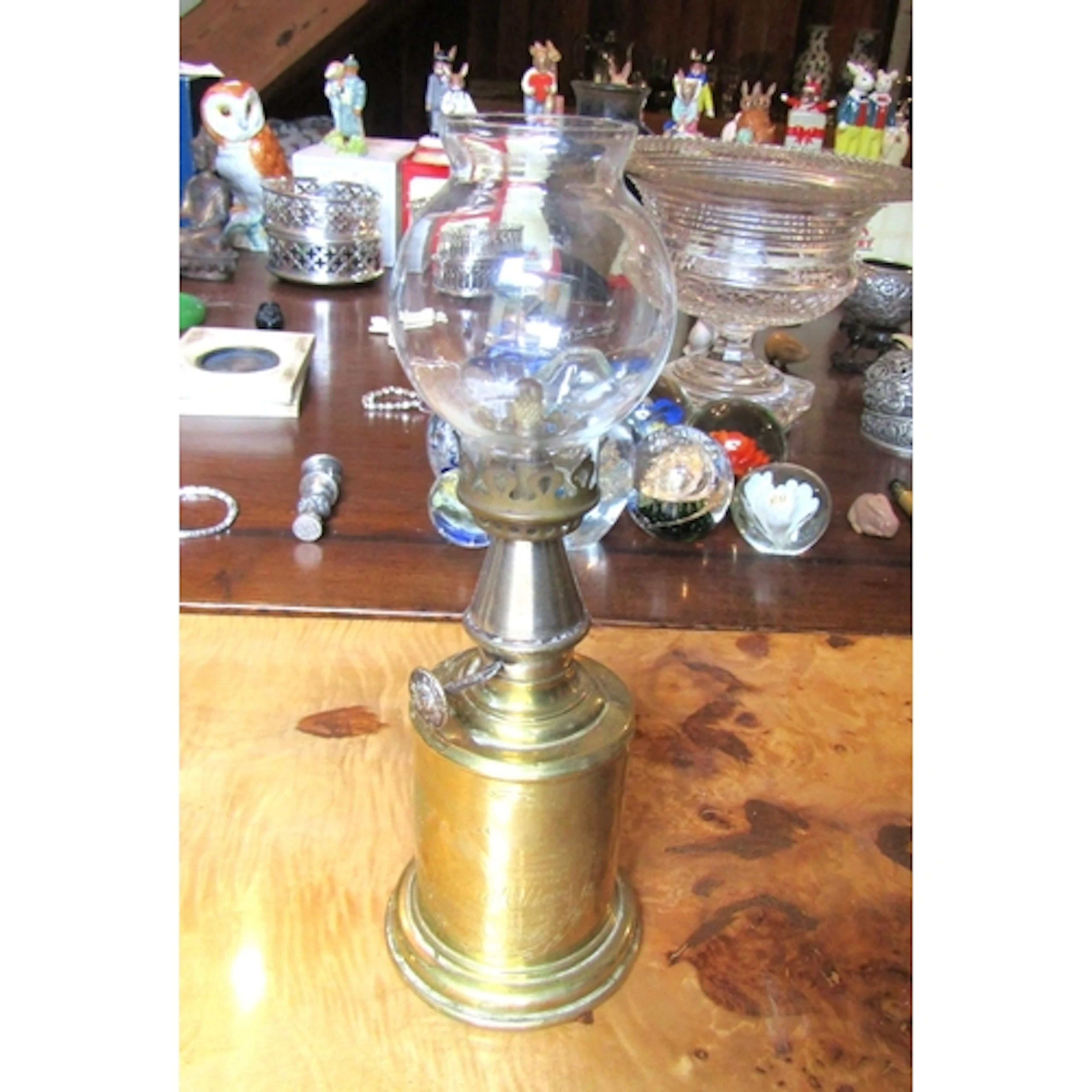 Engraved Brass Canister Oil Lamp Antique with Shade Approxim...