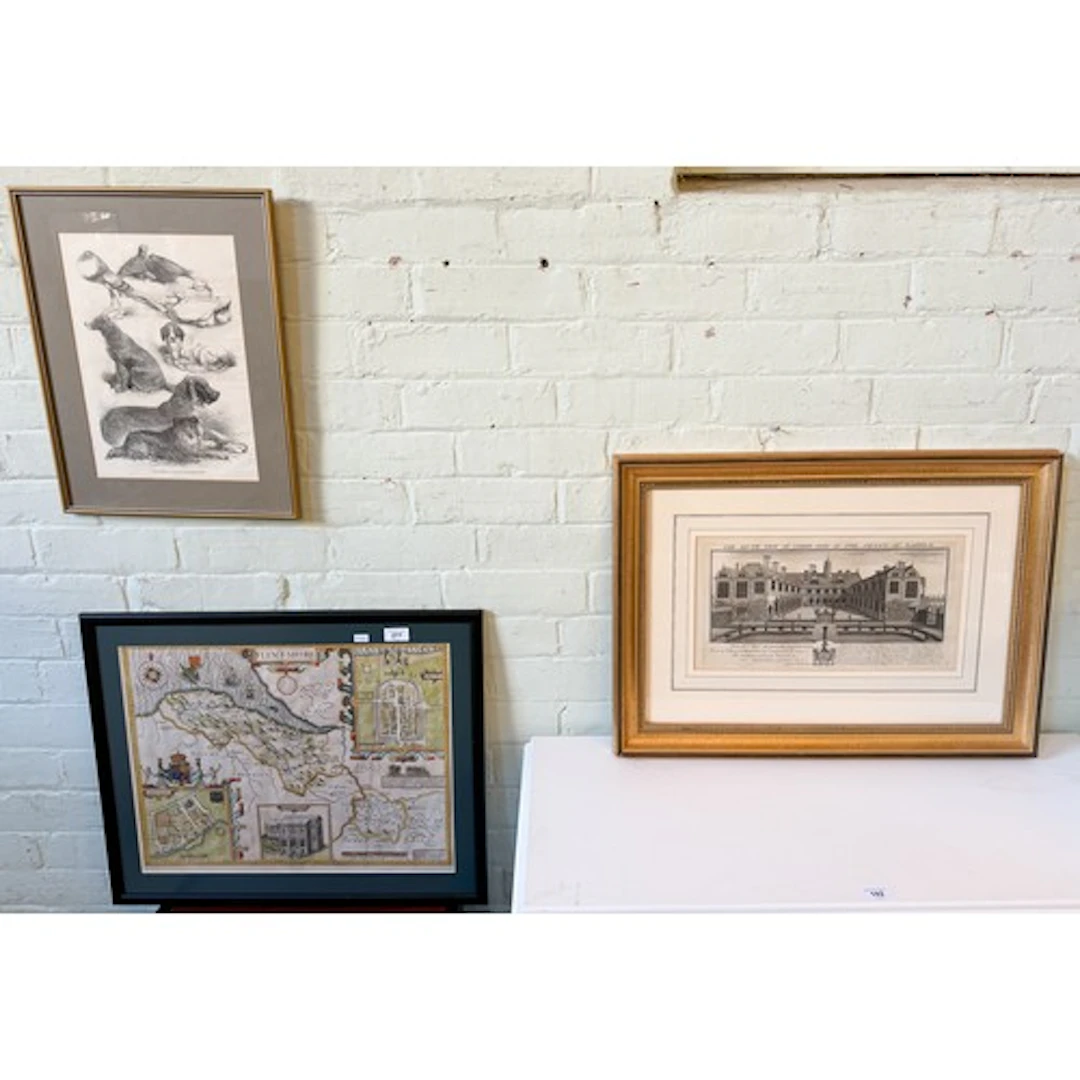 A framed map of Flintshire together with a black and white f...