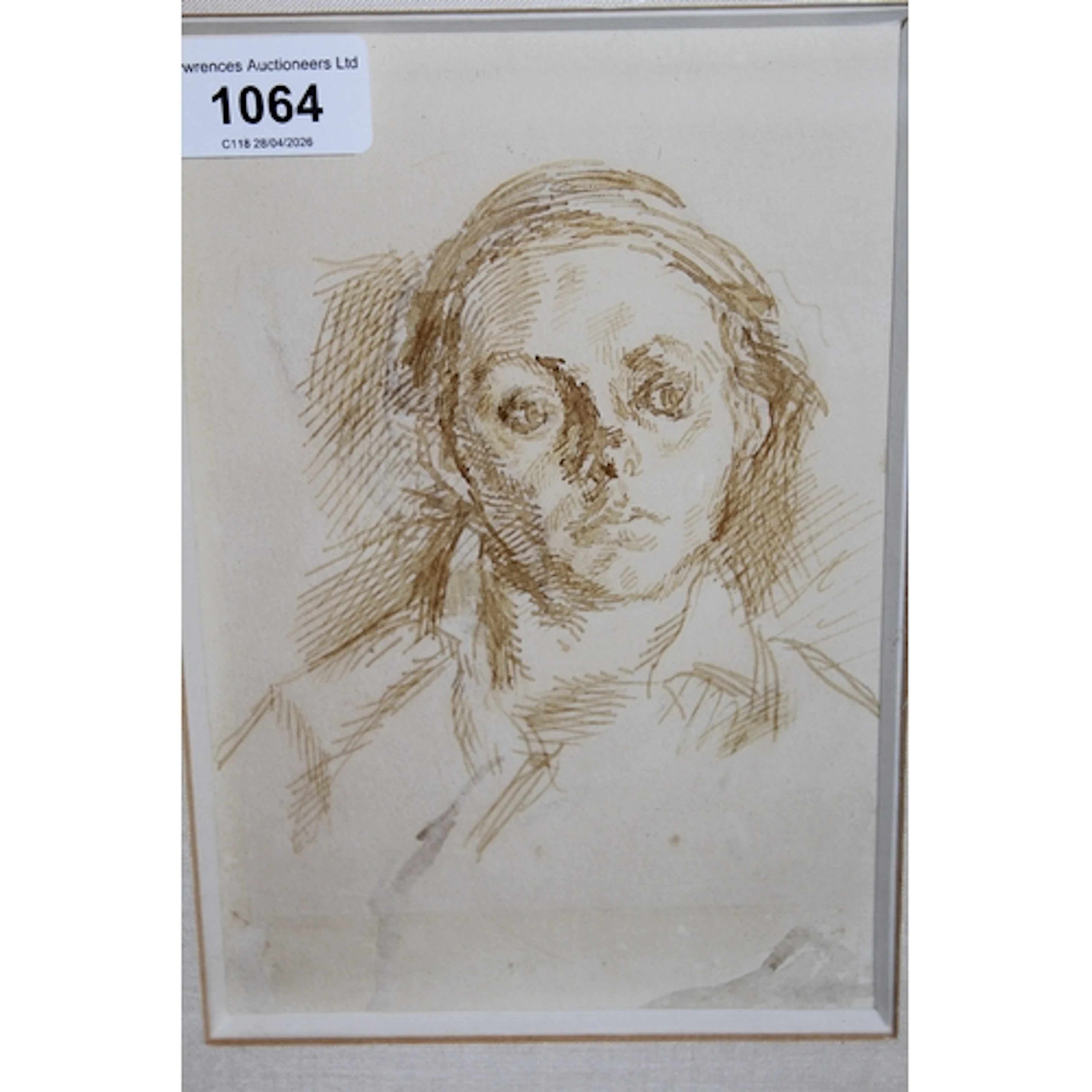 In the manner of Walter Sickert, sepia ink drawing, portrait...