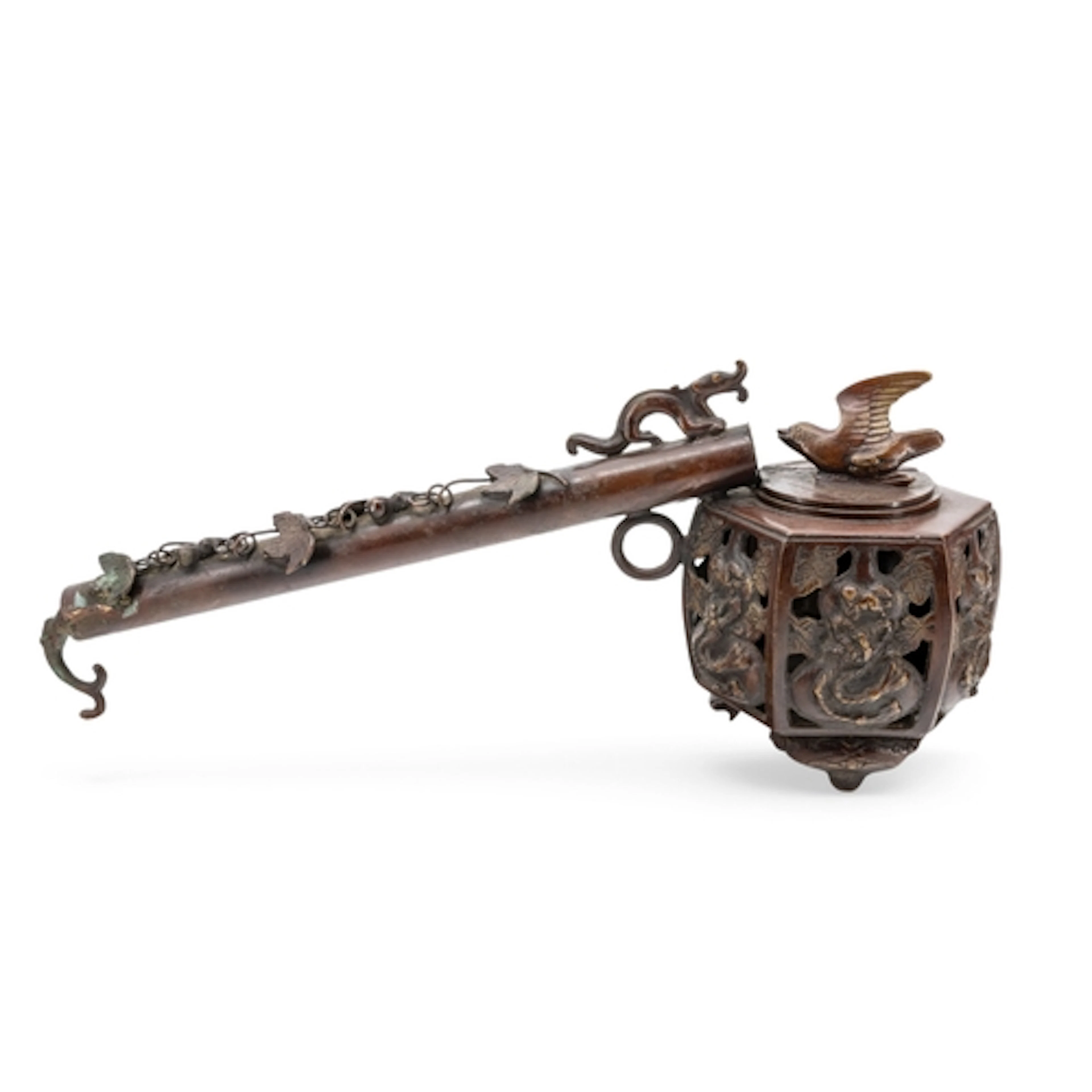A JAPANESE BRONZE YATATE HOLDER 20TH CENTURY 40cm long; toge...