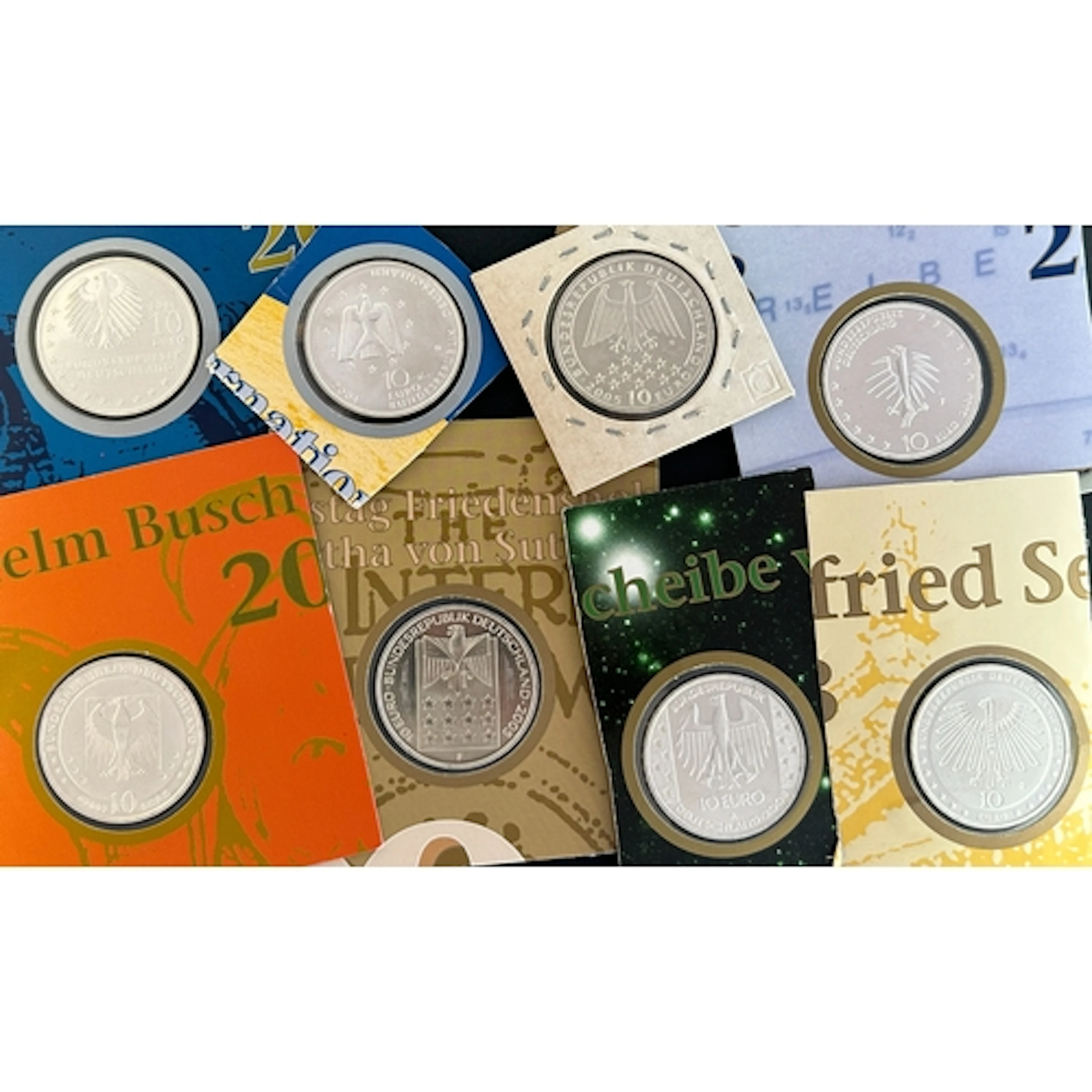 A collection of eight German sterling silver €10 coins dated...
