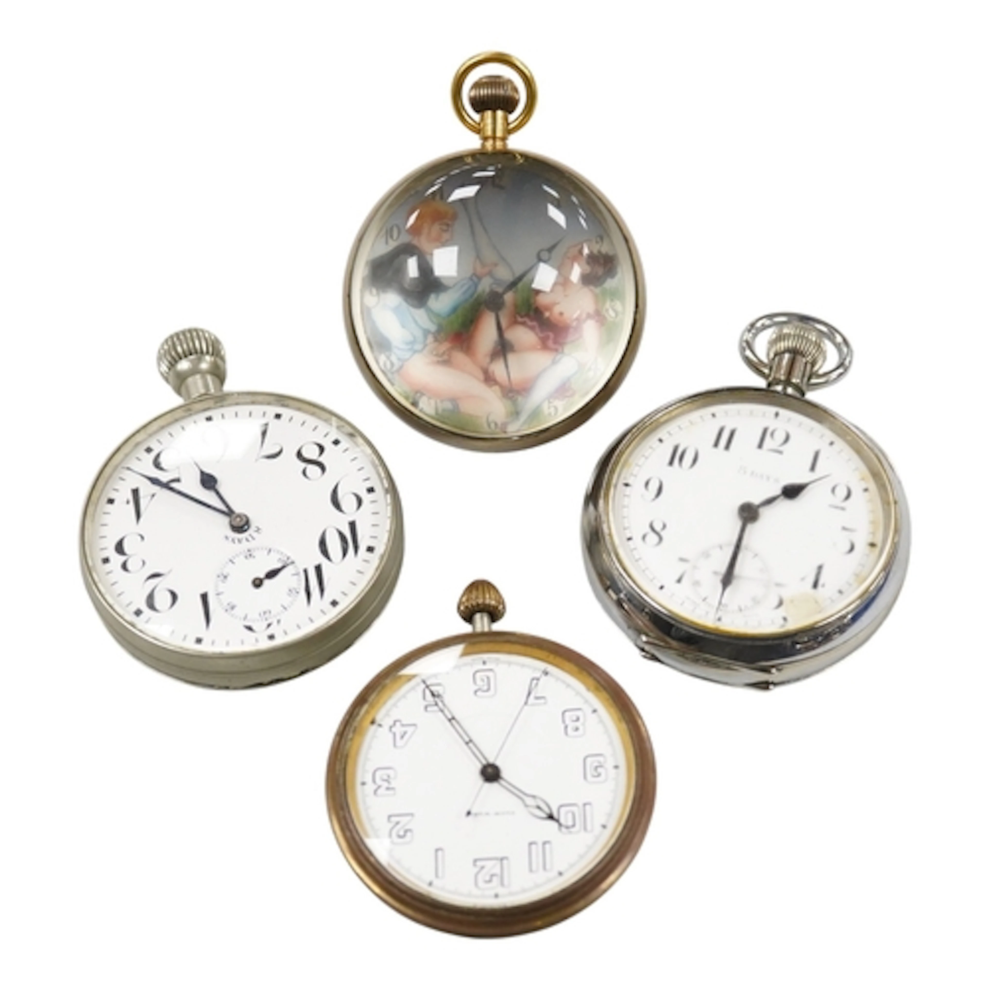 An erotic globe watch, a base metal open faced 8 day keyless...