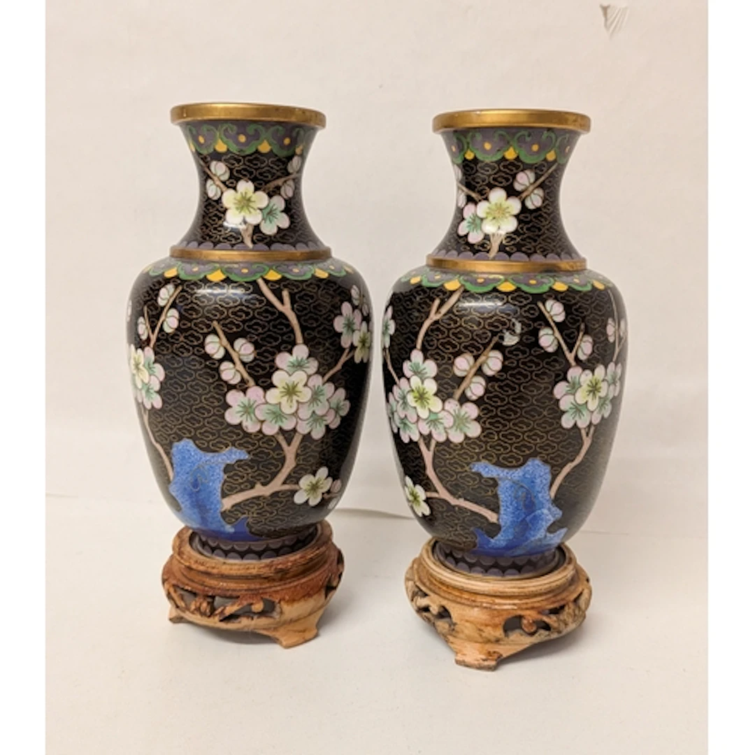 A pair of Chinese cloisonné vases on hardwood stands, standi...