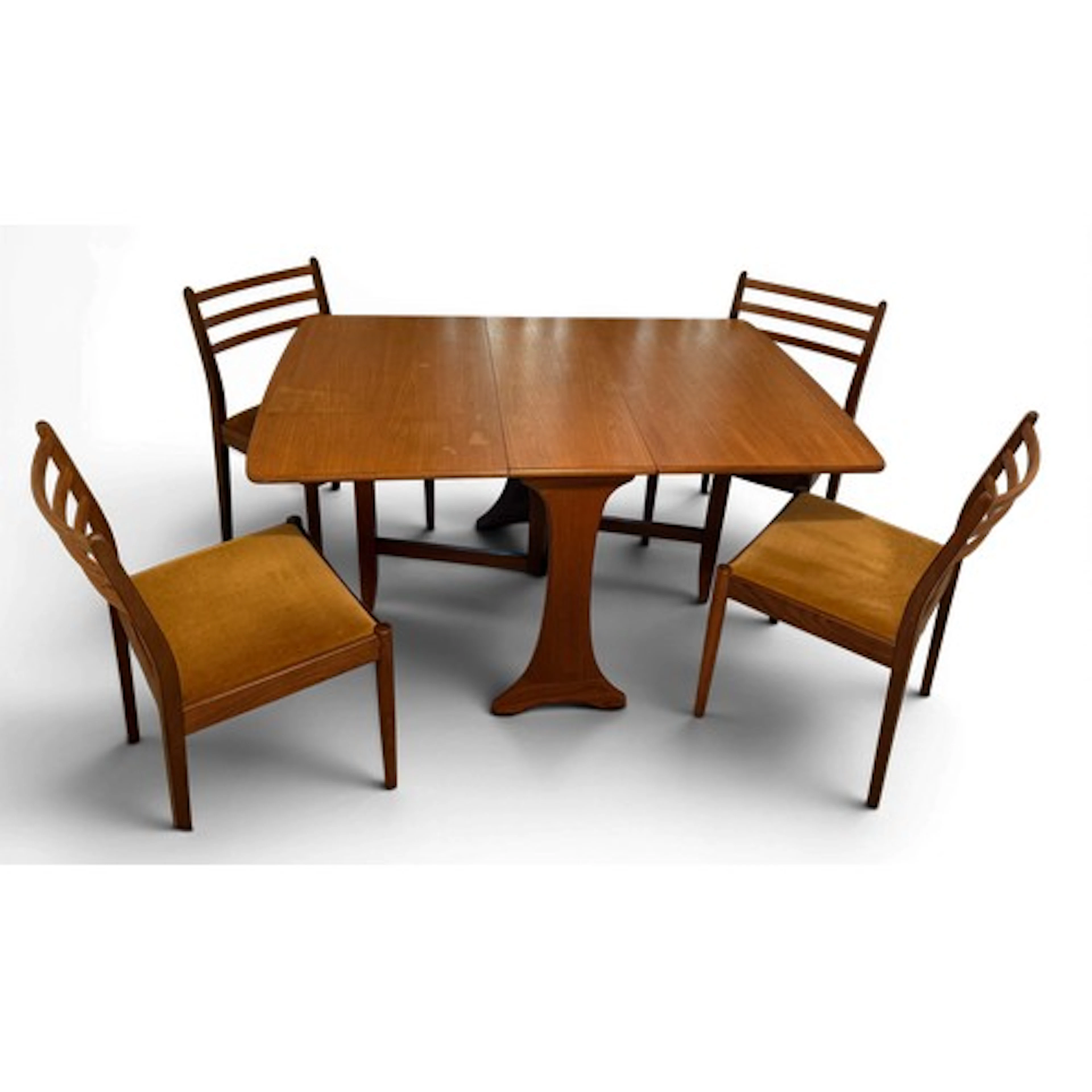 A G Plan dropleaf table and 4 dining chairs. Table open 137c...