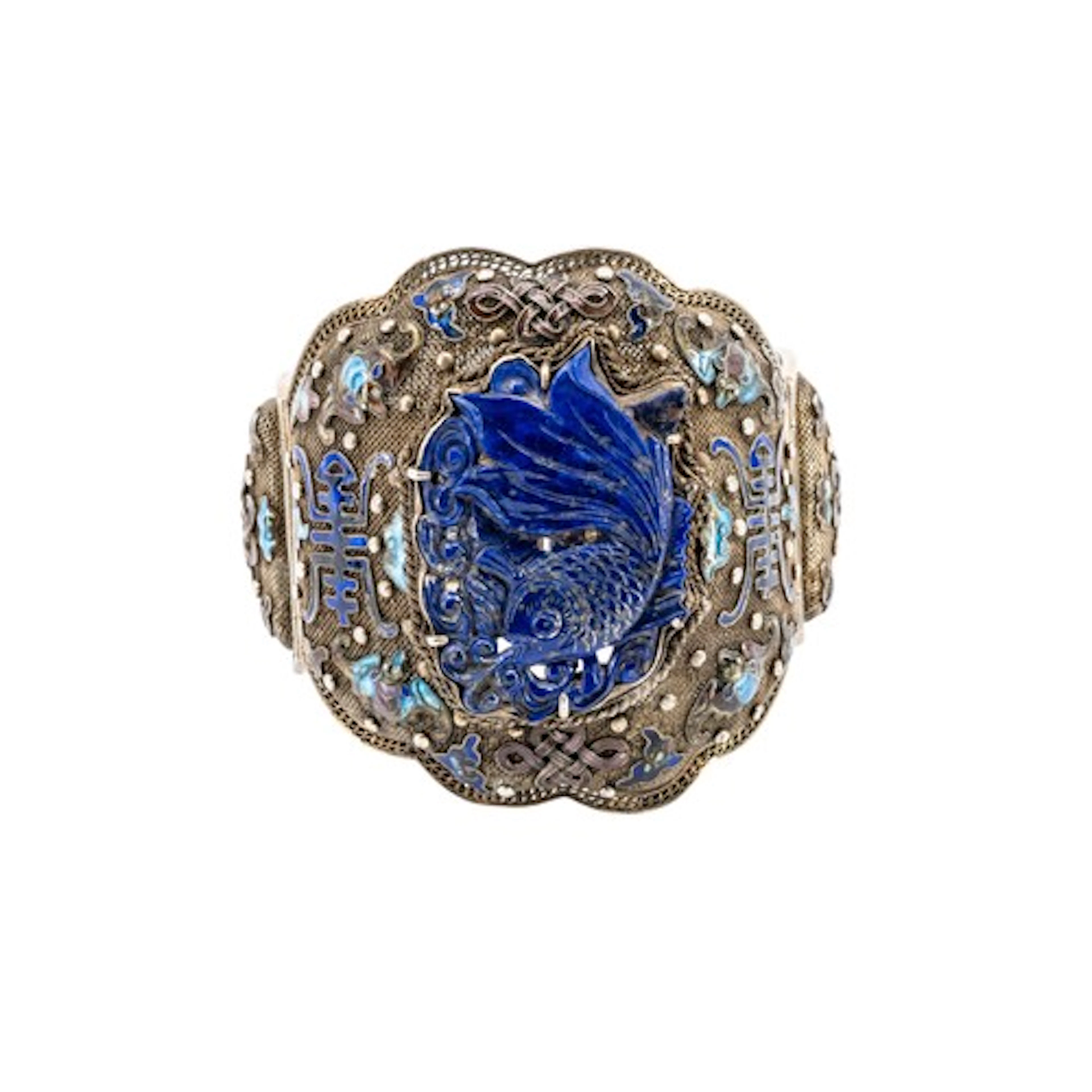 A CHINESE SILVER, ENAMEL AND LAPIS LAZULI BANGLE LATE QING ...